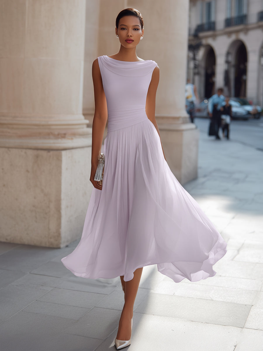 Women's Sleeveless Pleated Midi Dress Draped Neckline Contoured Waist Fluid
