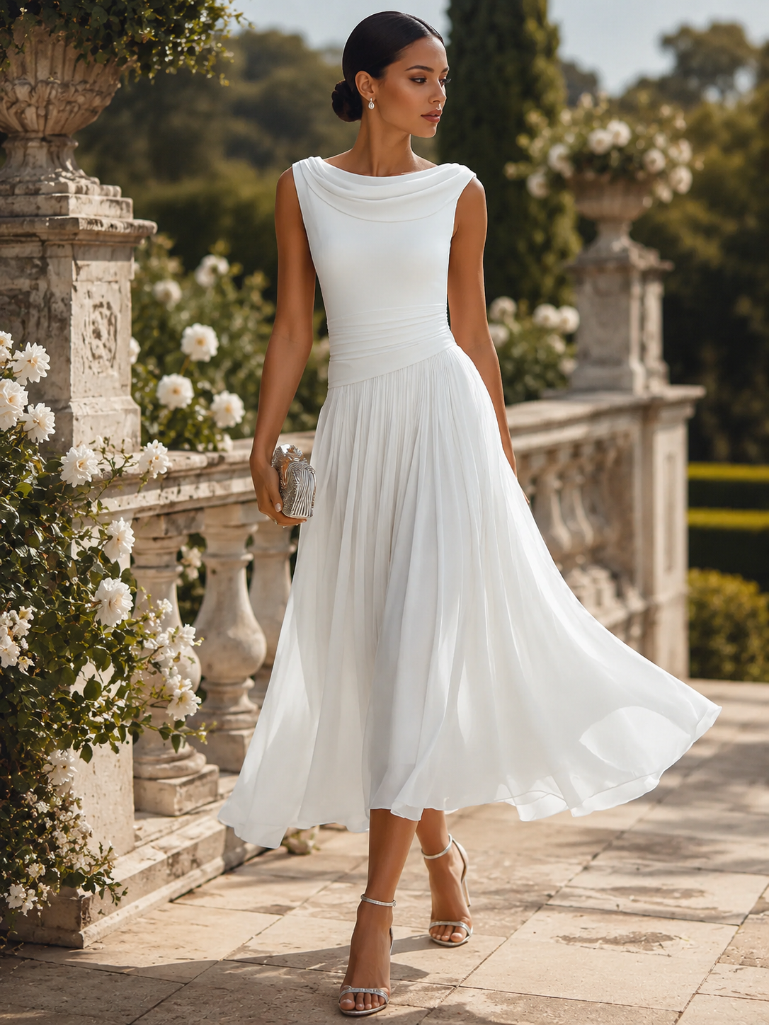 Women's Sleeveless Pleated Midi Dress Draped Neckline Contoured Waist Fluid