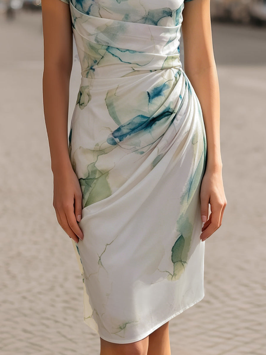 Women's Cowl Neck Abstract Print Midi Dress Short Sleeve Draped Waist