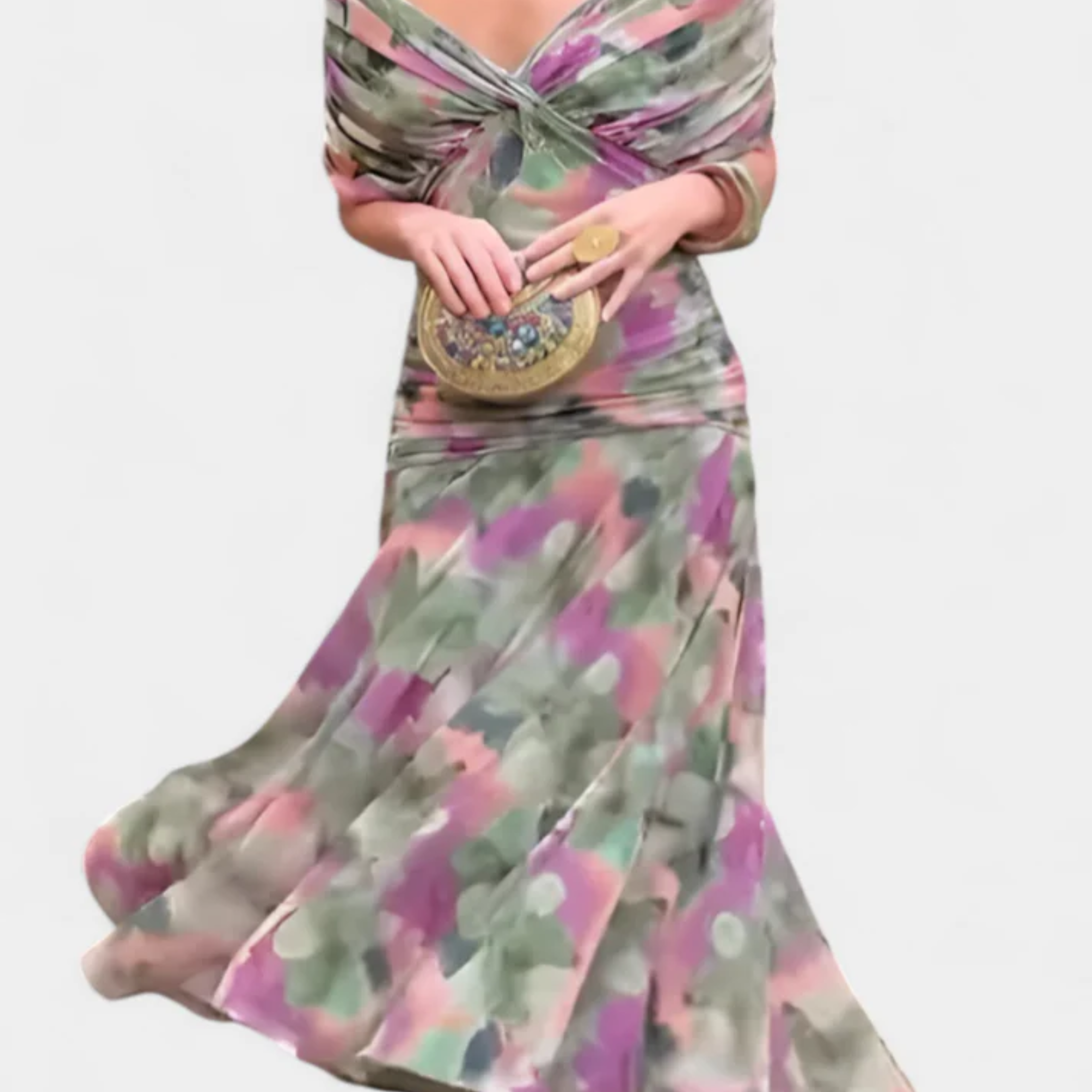 Women's Flared Maxi Dress Ruched Bust V-Neck Flutter Sleeve Formal