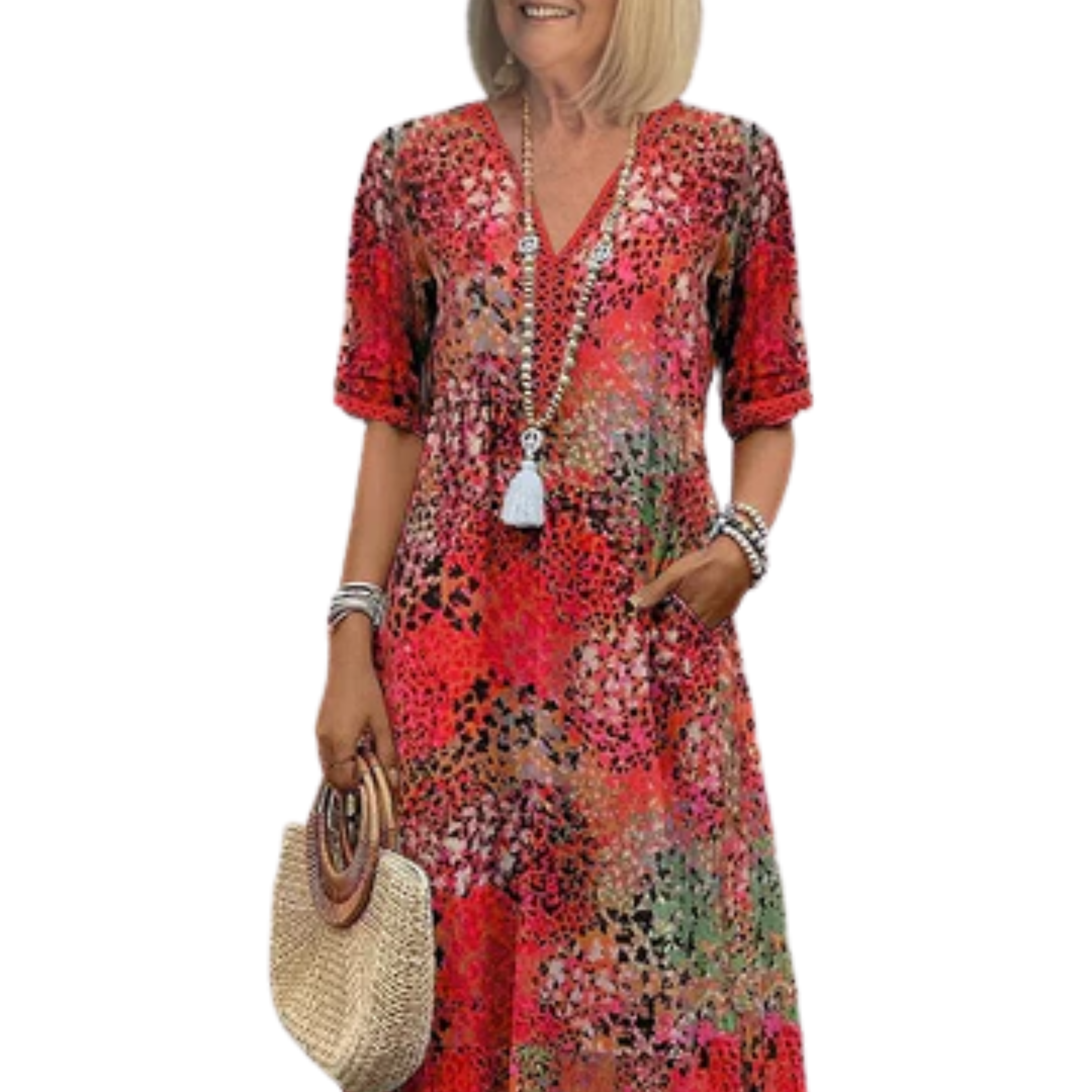 Women's Flared A-Line Midi Dress V-Neck Printed Pockets Casual