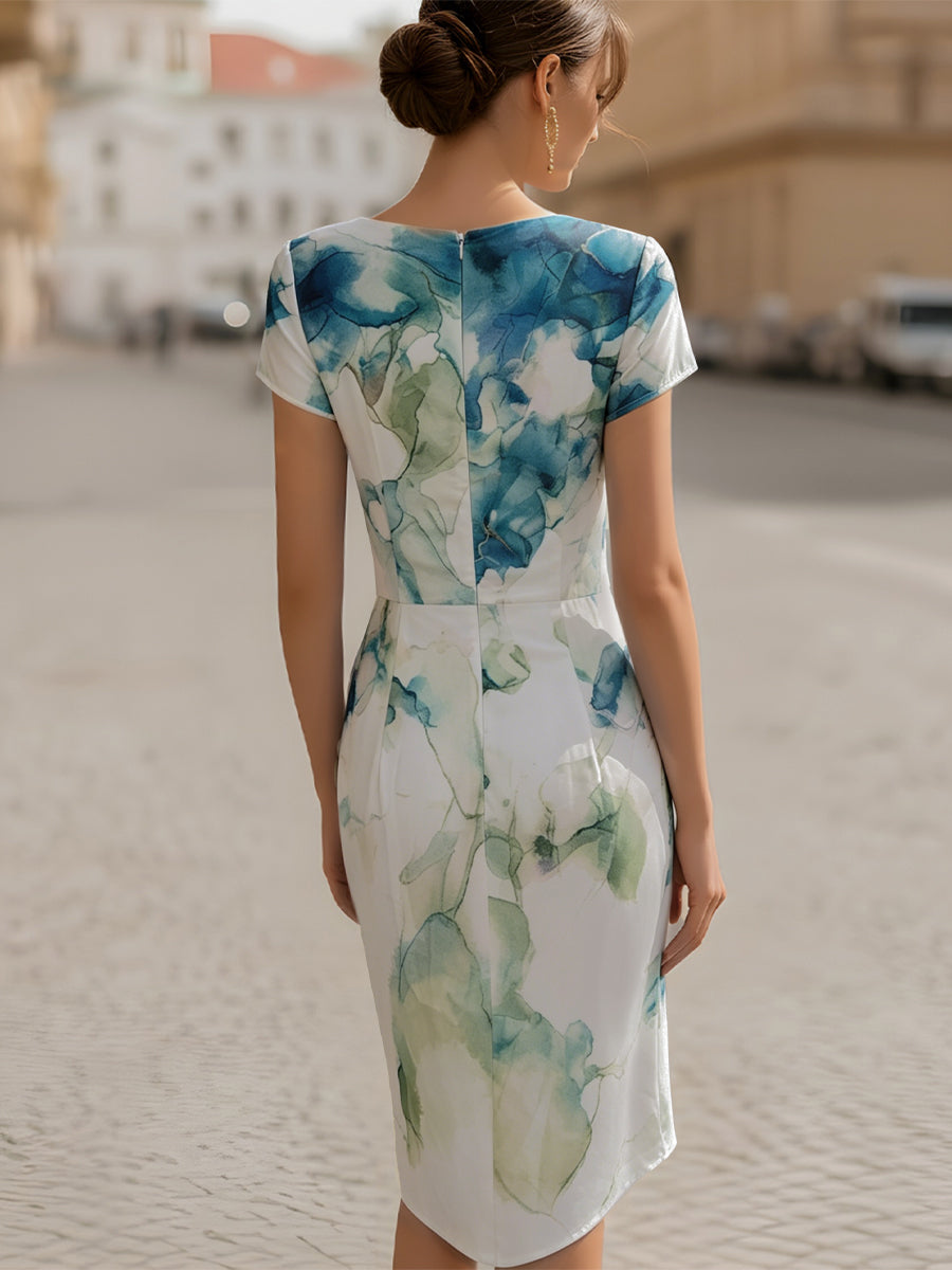 Women's Cowl Neck Abstract Print Midi Dress Short Sleeve Draped Waist
