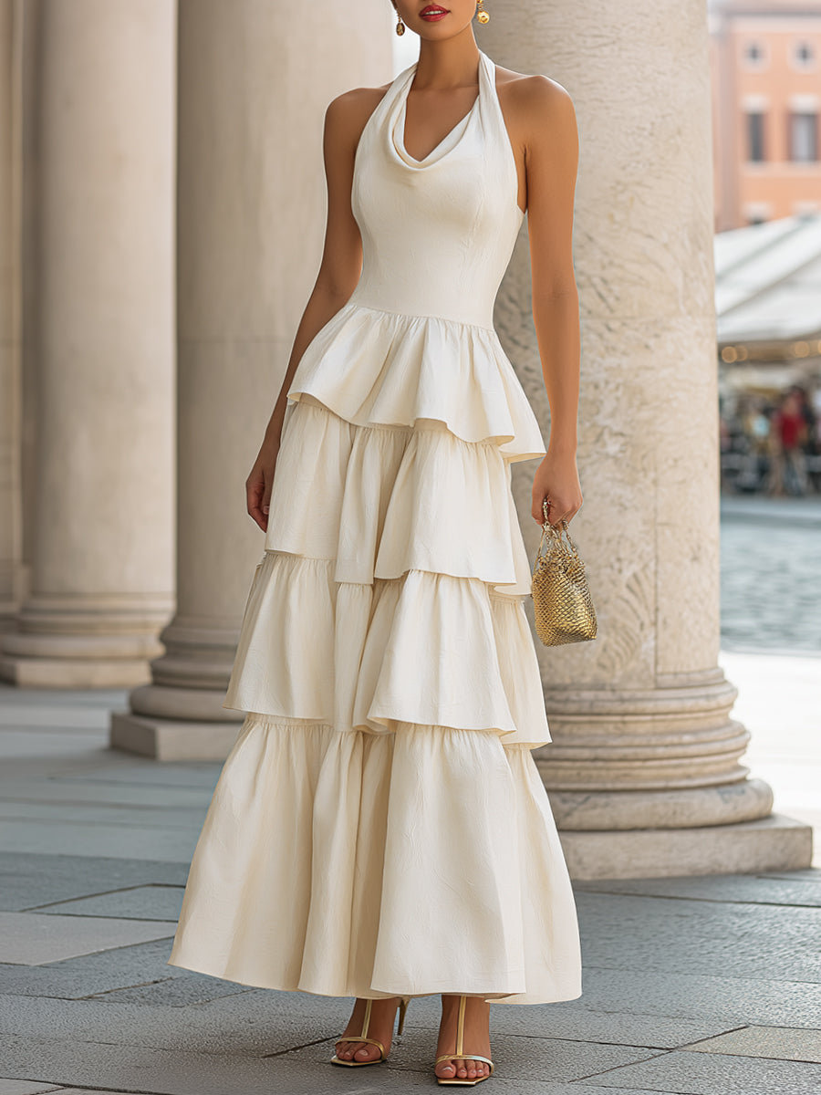 Women's Ivory Halter Tiered Maxi Dress Peplum Waist Fitted Bodice