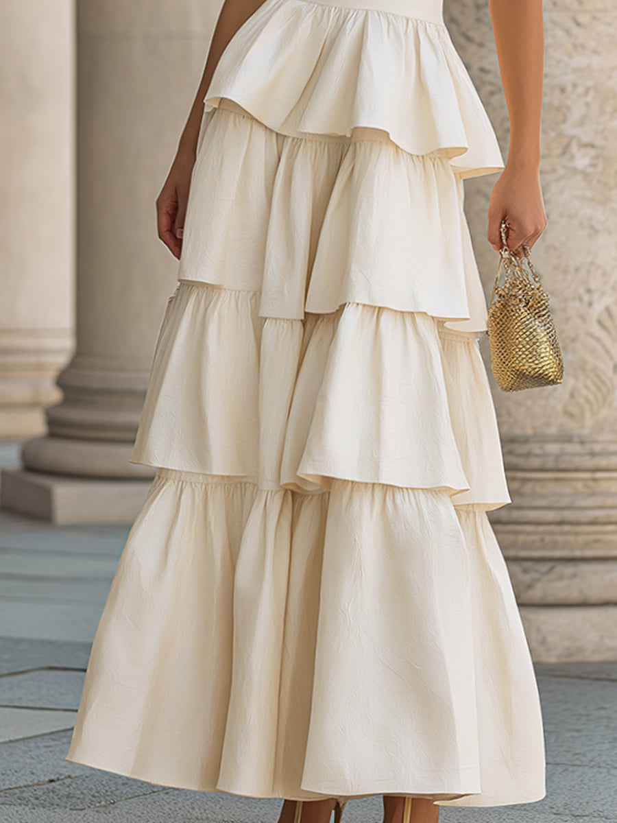 Women's Ivory Halter Tiered Maxi Dress Peplum Waist Fitted Bodice