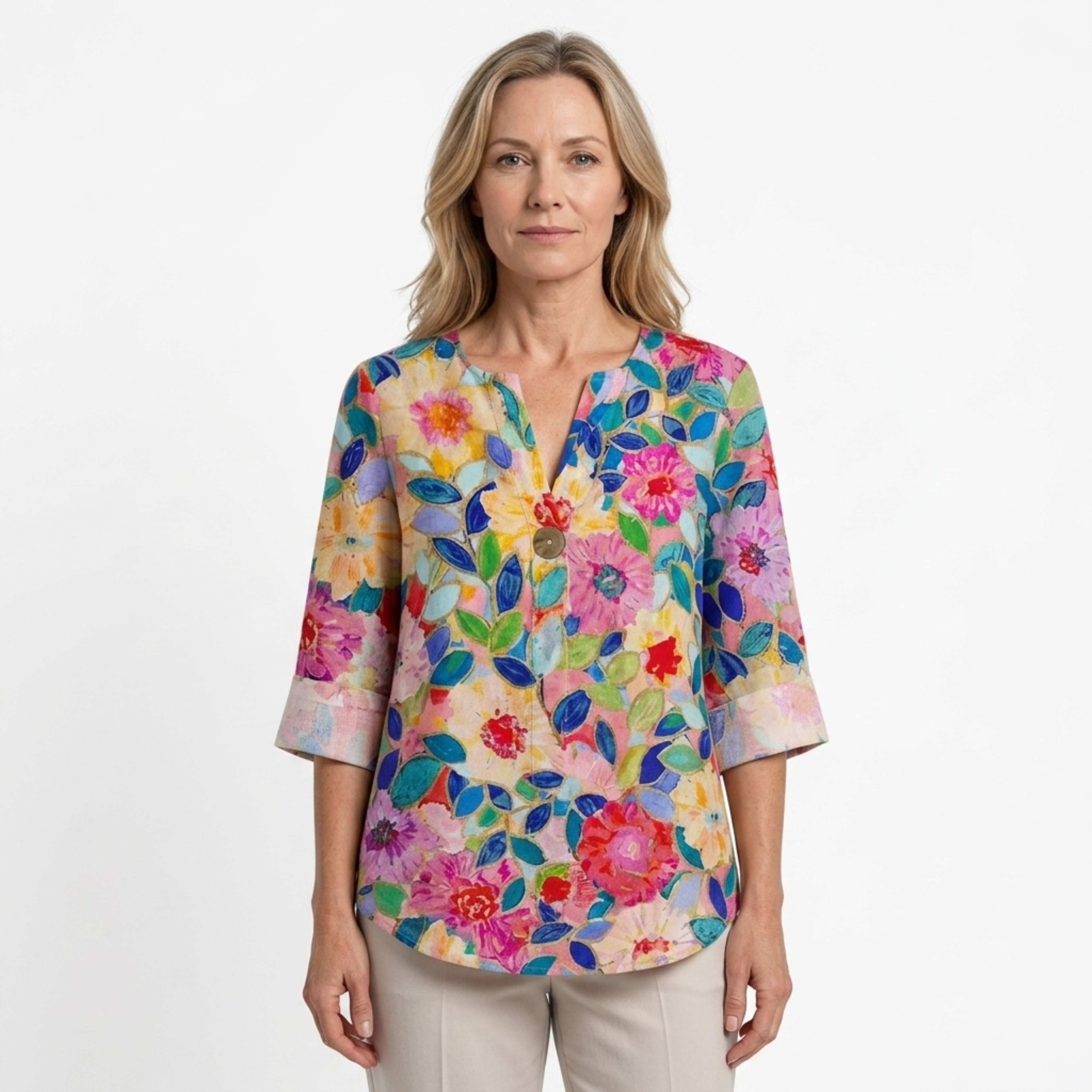 Women's Floral Print Blouse Three Quarter Sleeve Button Front Loose