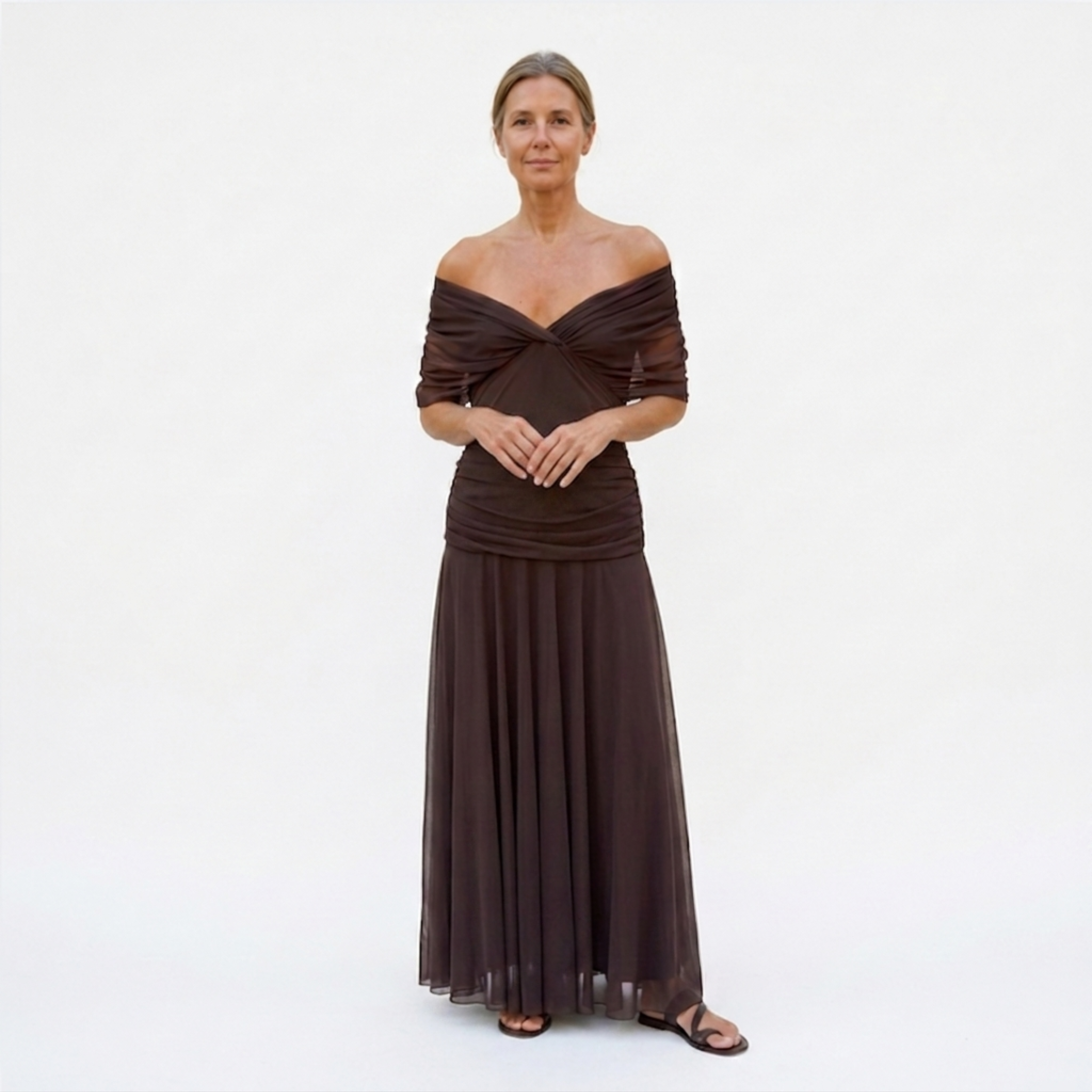 Women's Flared Maxi Dress Ruched Bust V-Neck Flutter Sleeve Formal