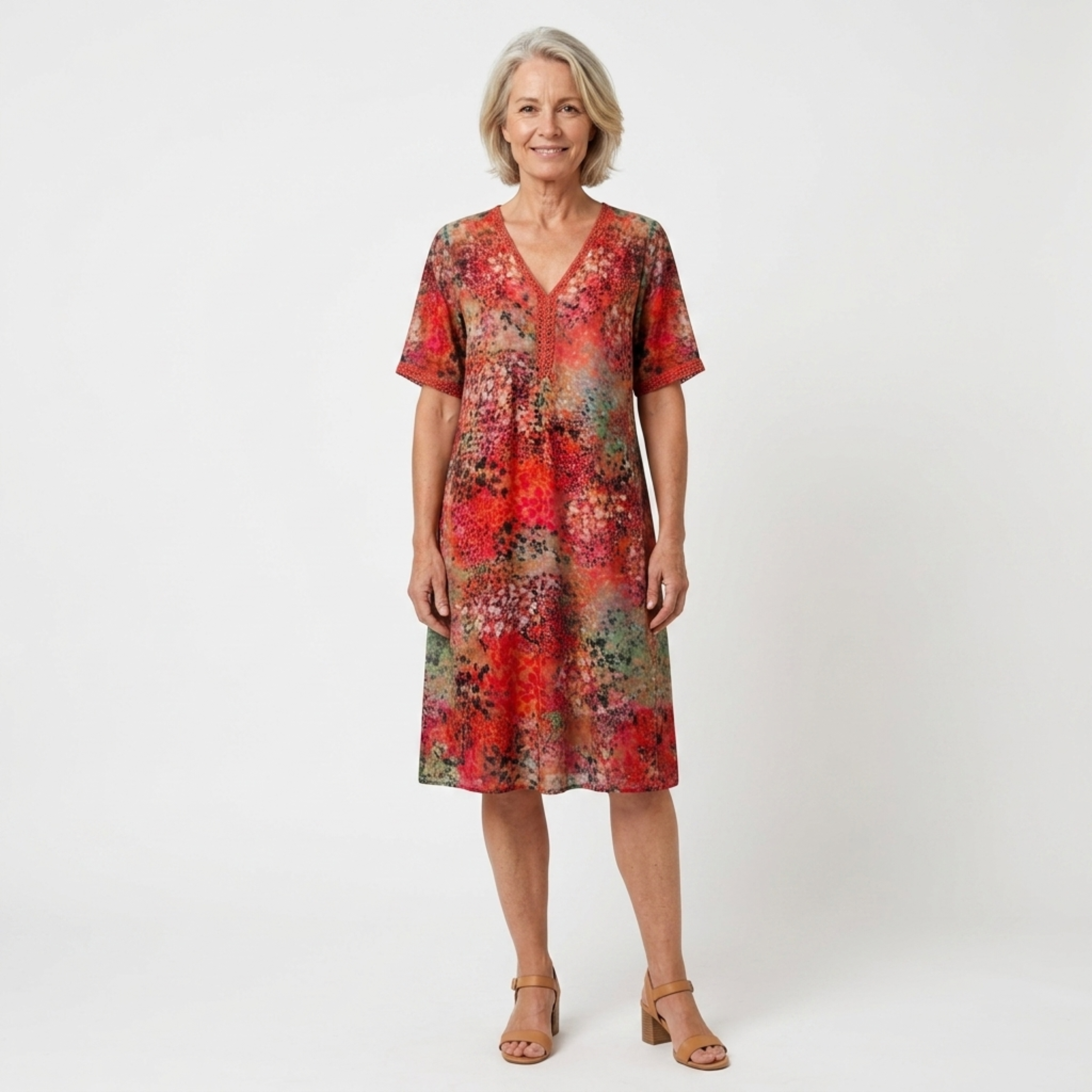 Women's Flared A-Line Midi Dress V-Neck Printed Pockets Casual