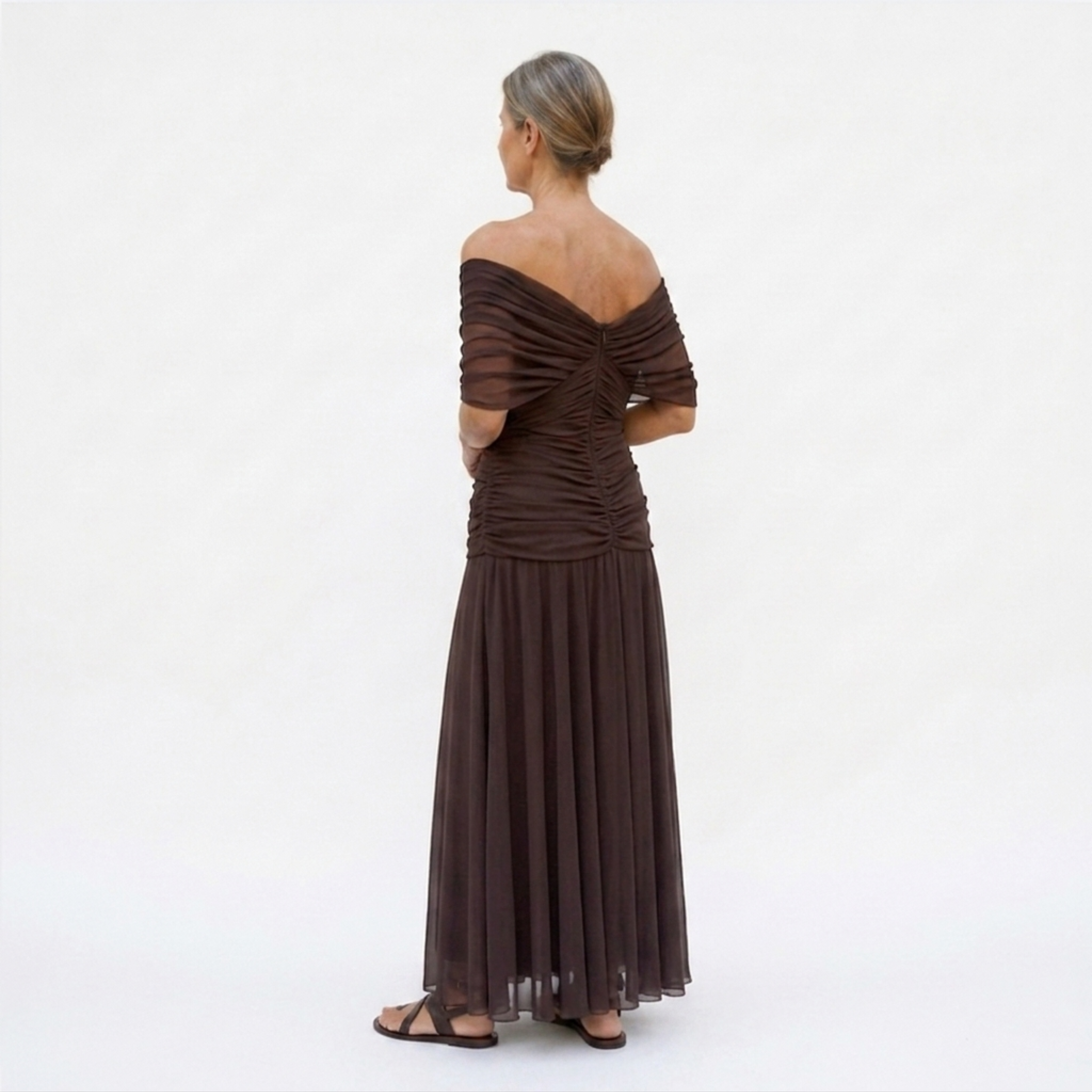 Women's Flared Maxi Dress Ruched Bust V-Neck Flutter Sleeve Formal