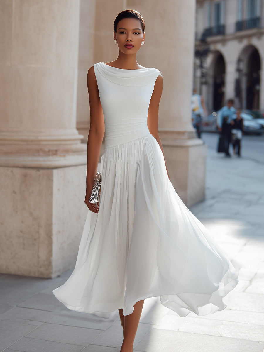 Women's Sleeveless Pleated Midi Dress Draped Neckline Contoured Waist Fluid