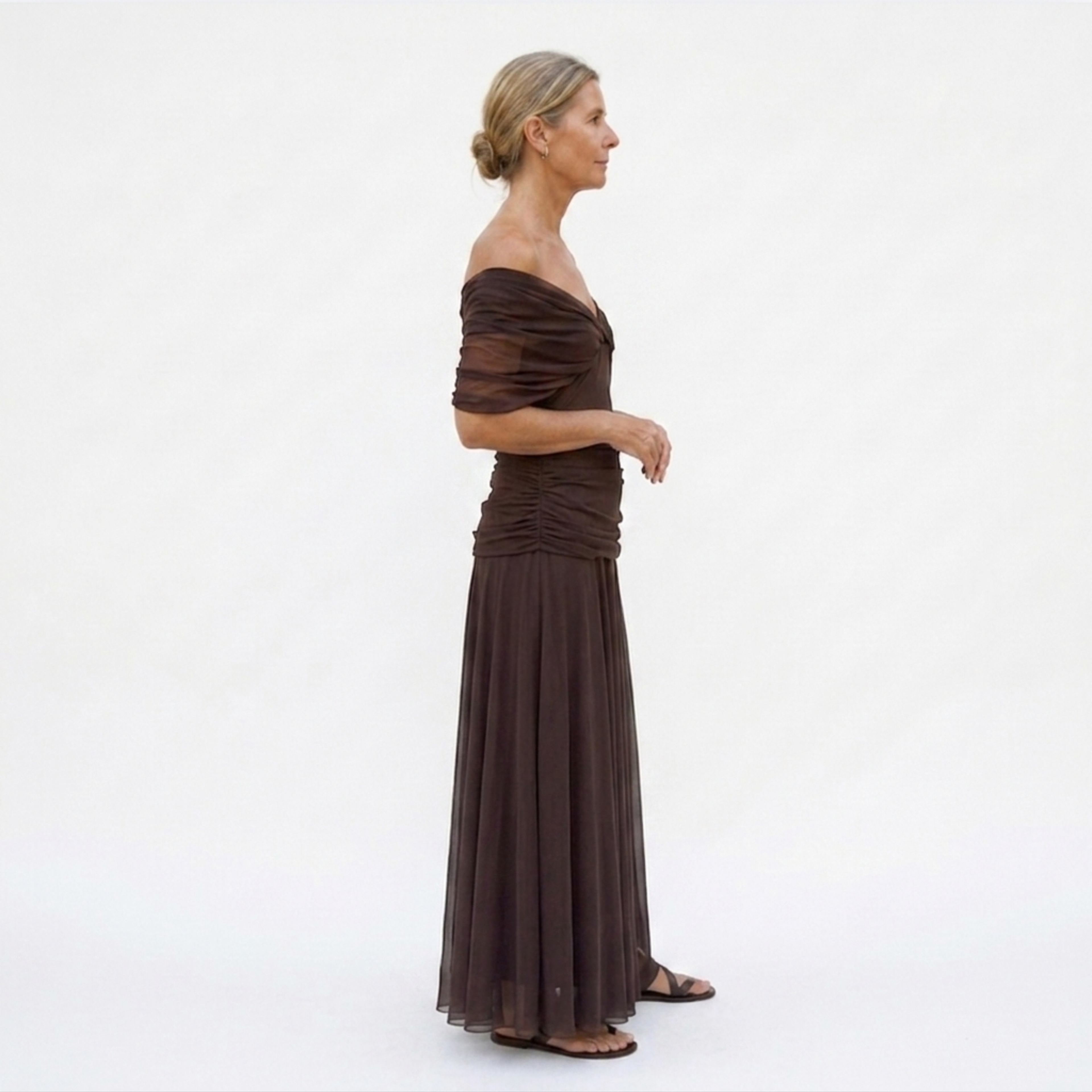 Women's Flared Maxi Dress Ruched Bust V-Neck Flutter Sleeve Formal