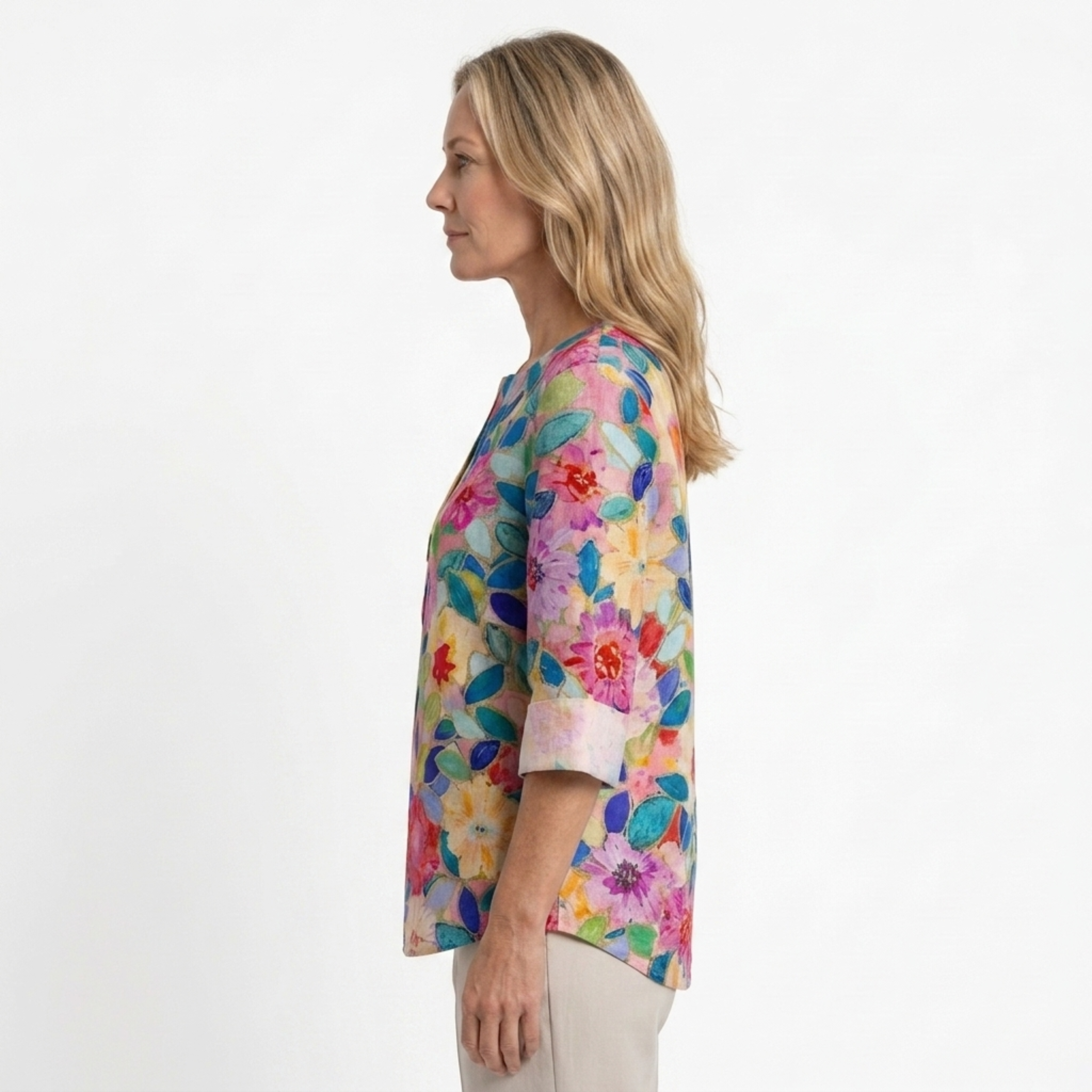 Women's Floral Print Blouse Three Quarter Sleeve Button Front Loose
