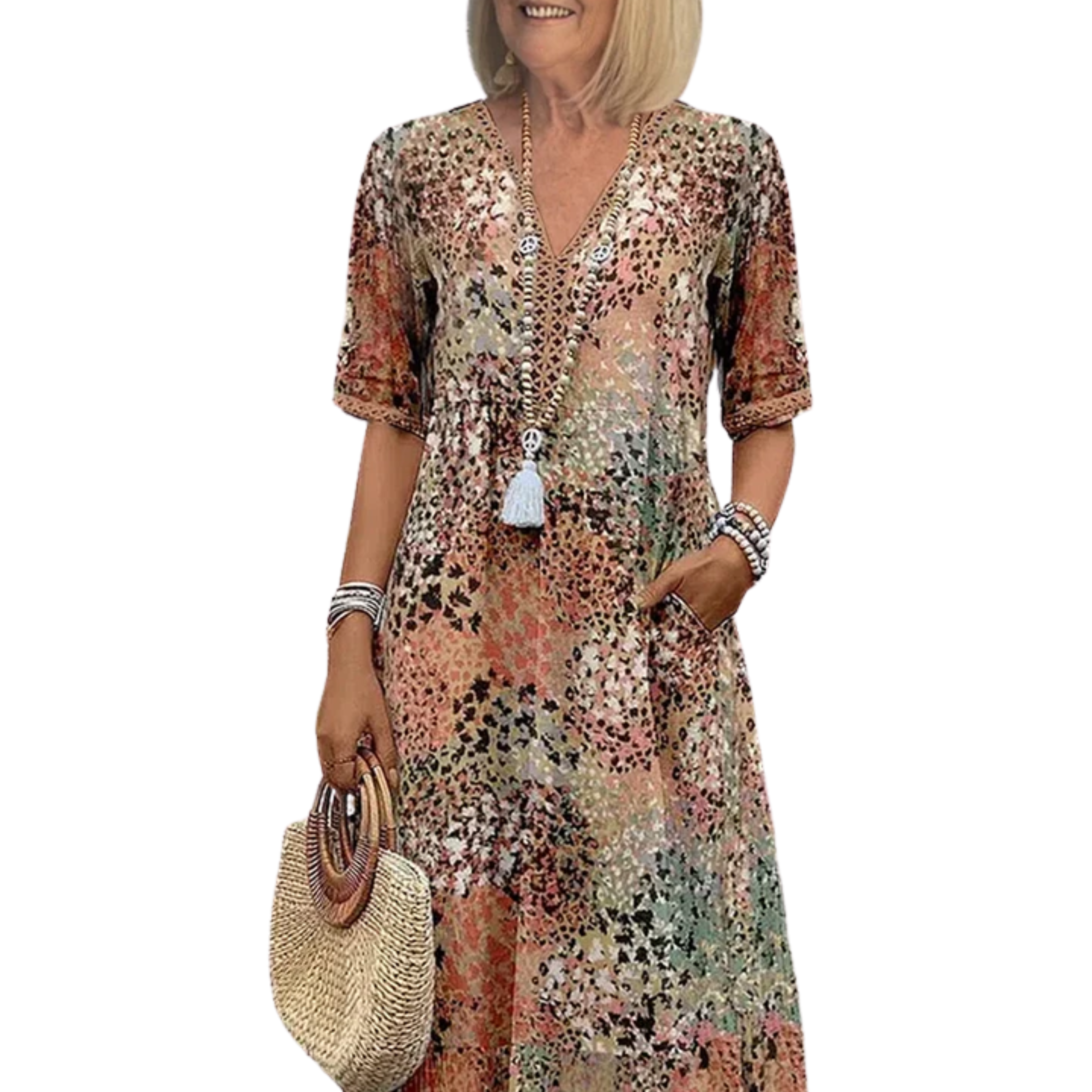 Women's Flared A-Line Midi Dress V-Neck Printed Pockets Casual