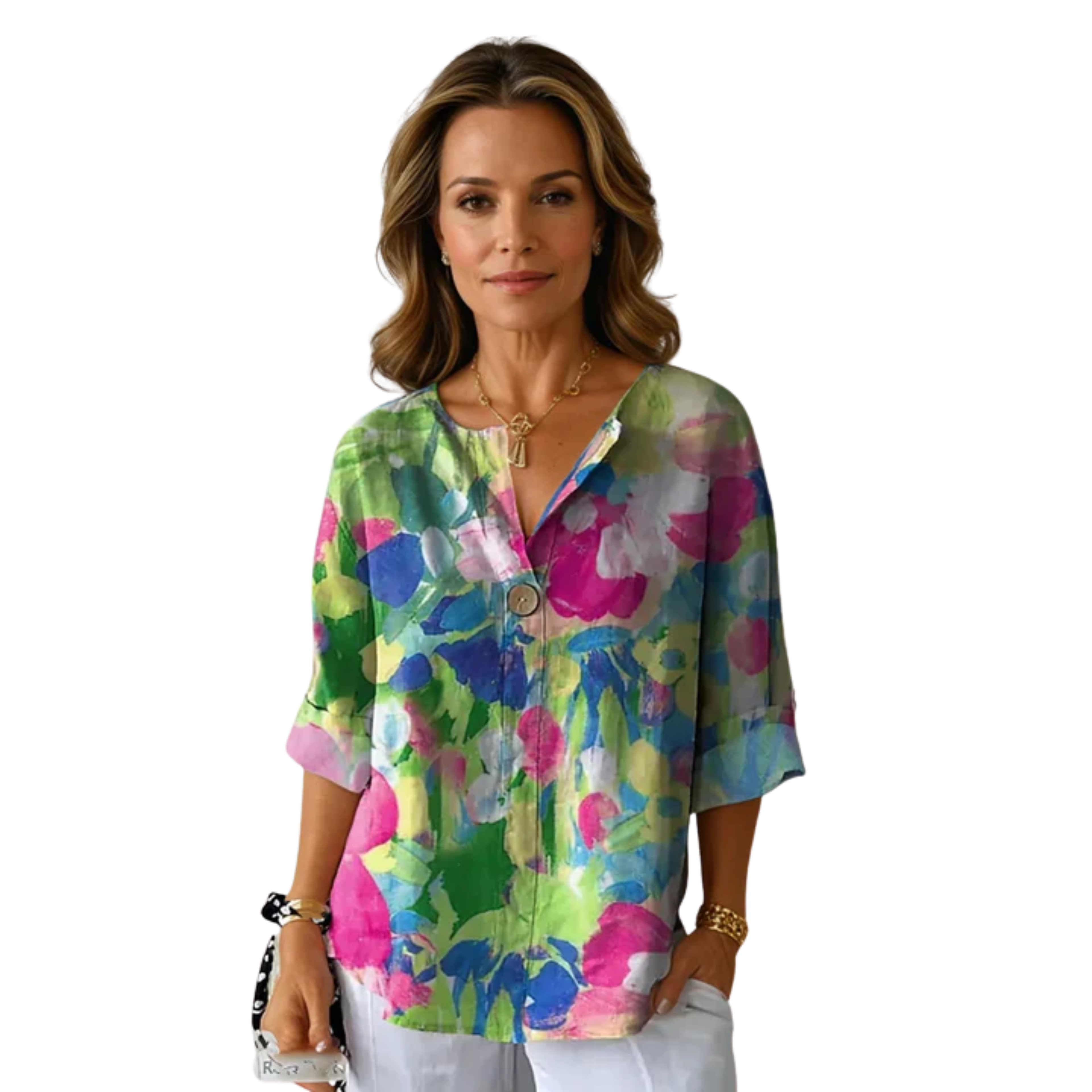 Women's Floral Print Blouse Three Quarter Sleeve Button Front Loose