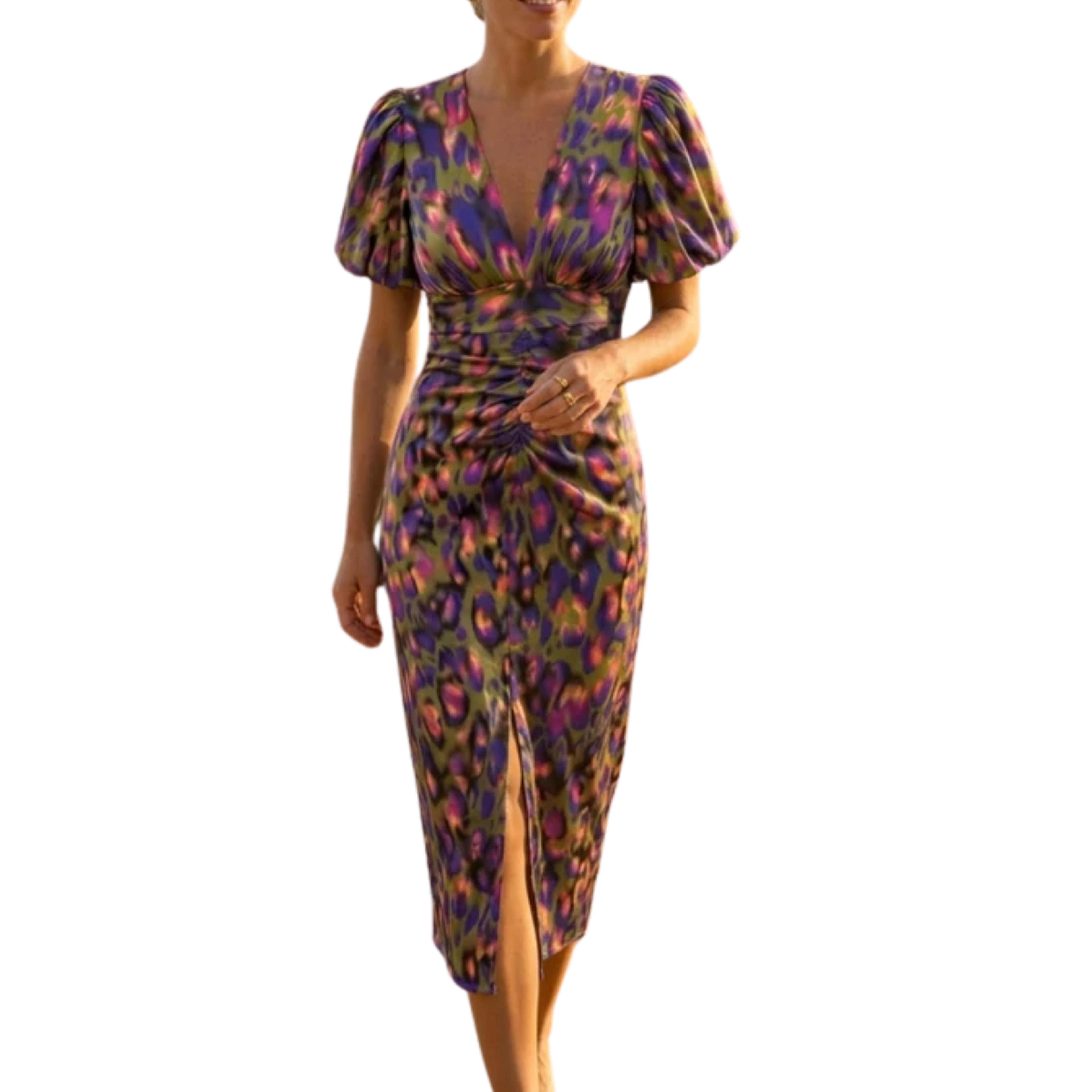 Women's Printed Wrap Maxi Dress Deep V-Neck Volume Sleeve Crossover