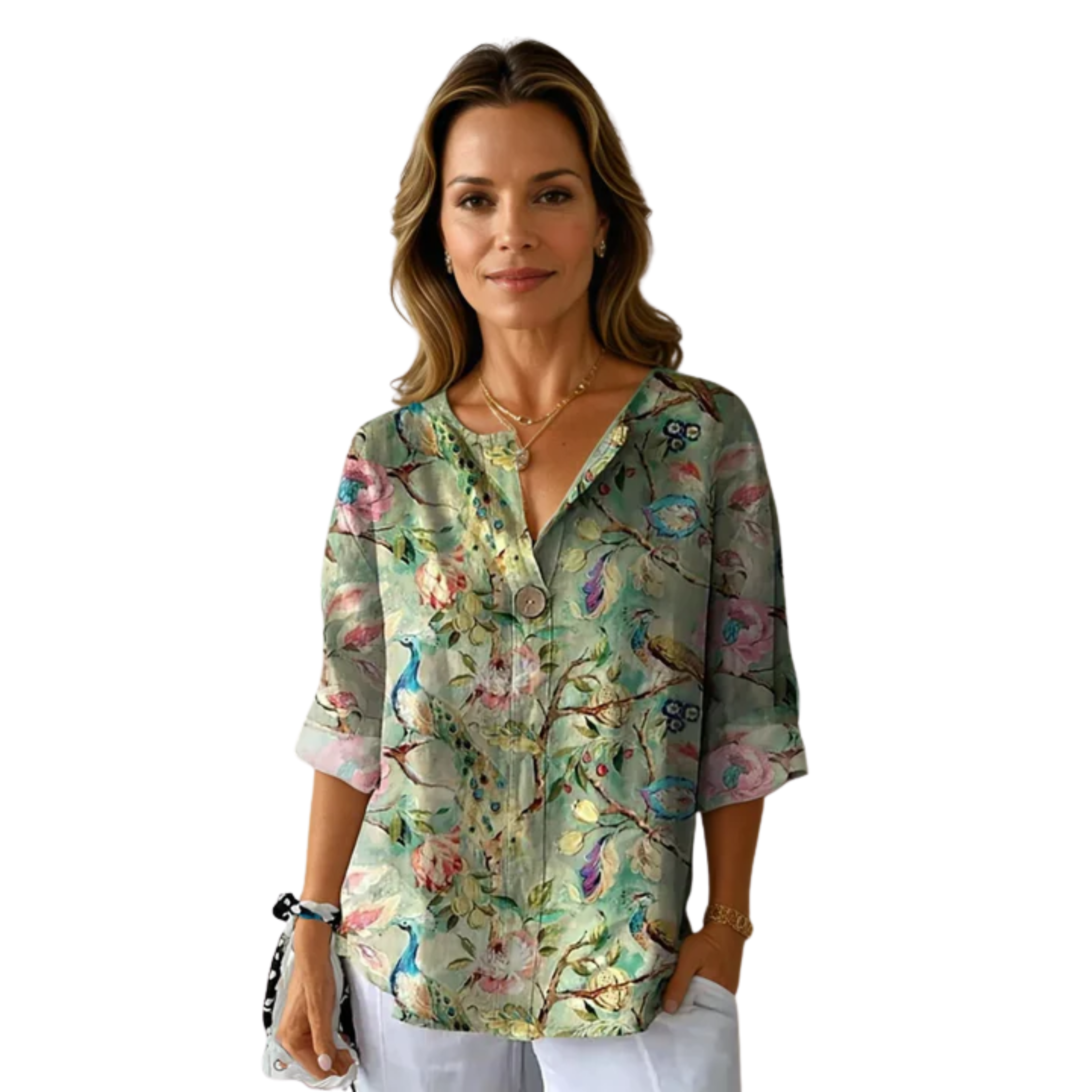 Women's Floral Print Blouse Three Quarter Sleeve Button Front Loose
