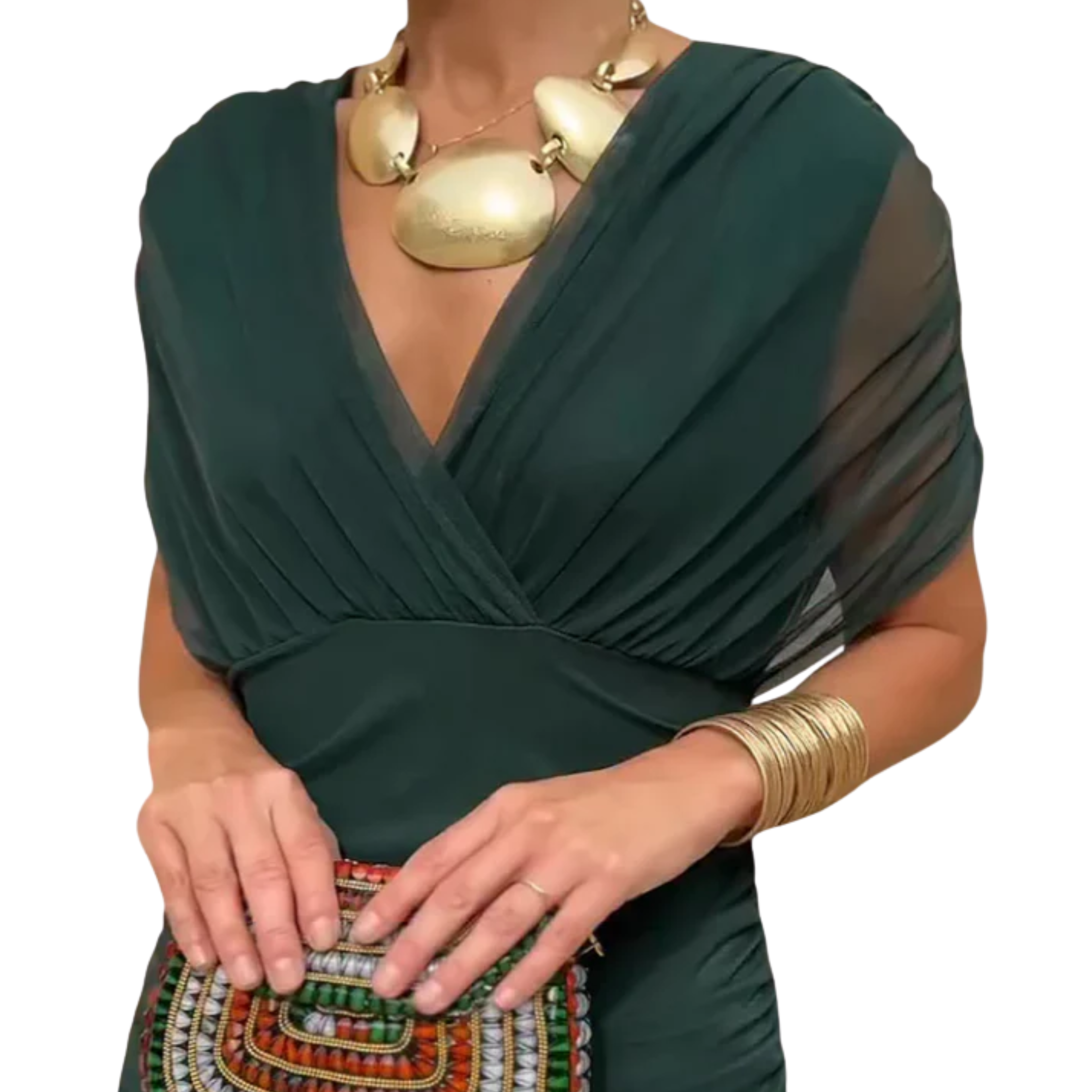 Women's Flared Maxi Dress Ruched Bust V-Neck Flutter Sleeve Formal