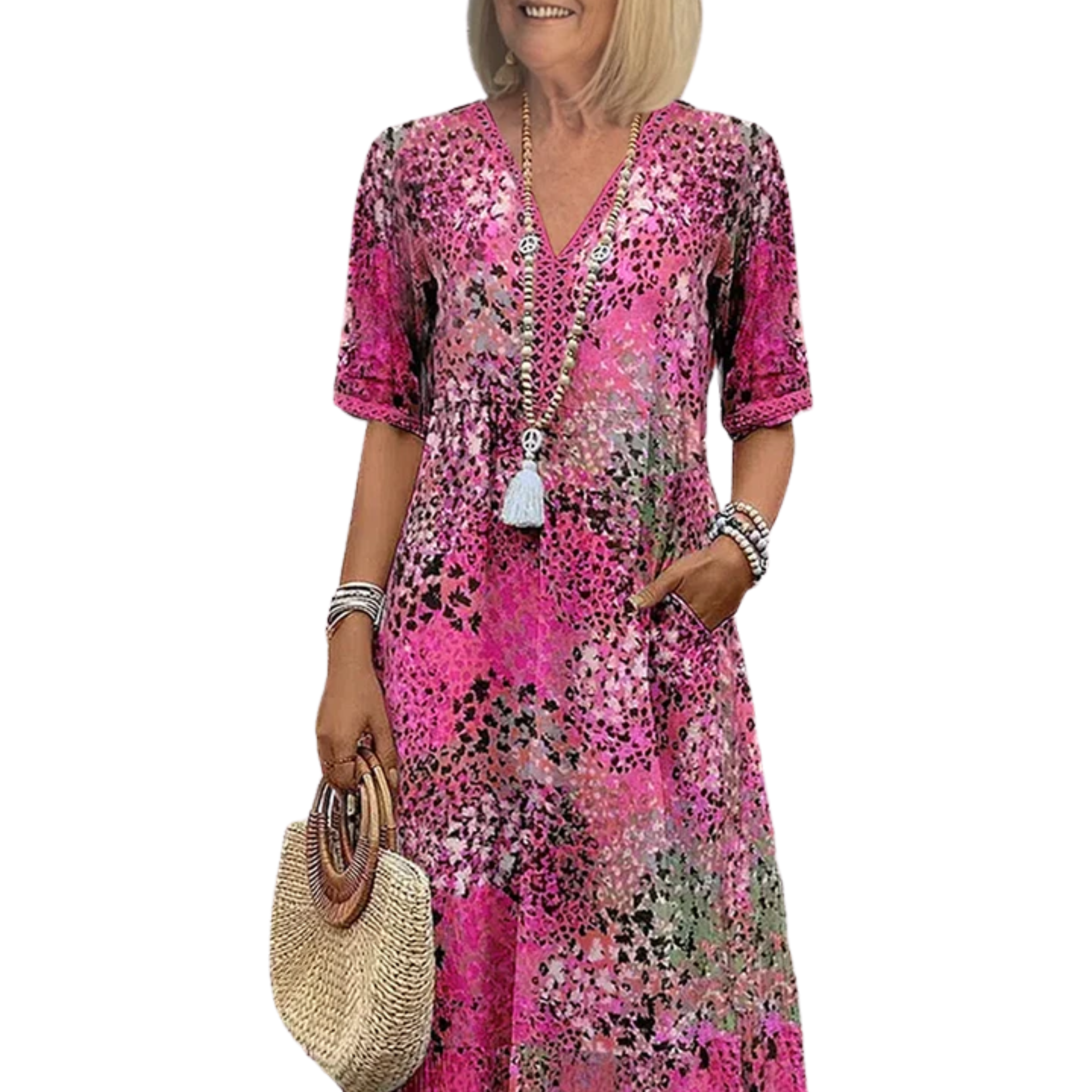 Women's Flared A-Line Midi Dress V-Neck Printed Pockets Casual