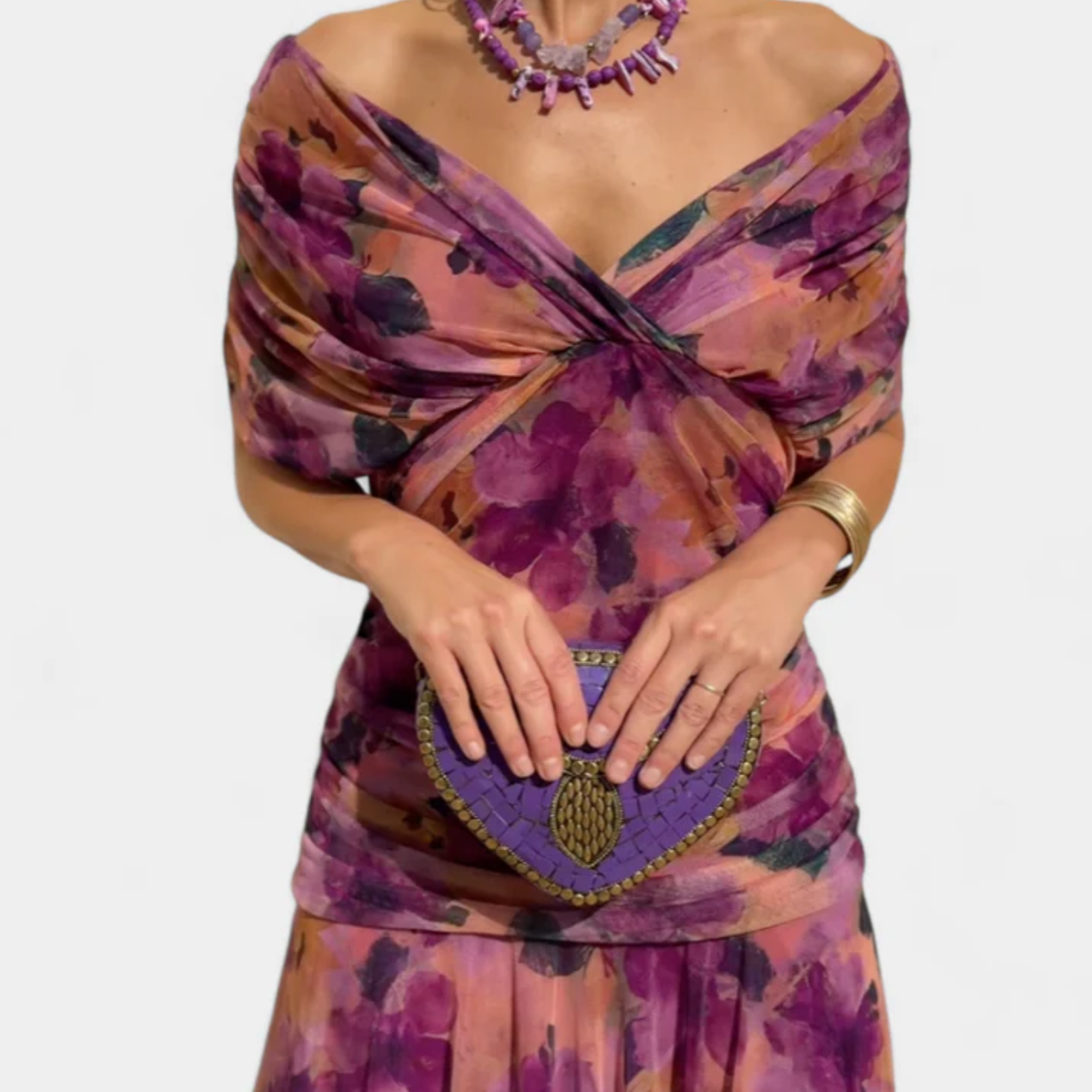 Women's Flared Maxi Dress Ruched Bust V-Neck Flutter Sleeve Formal