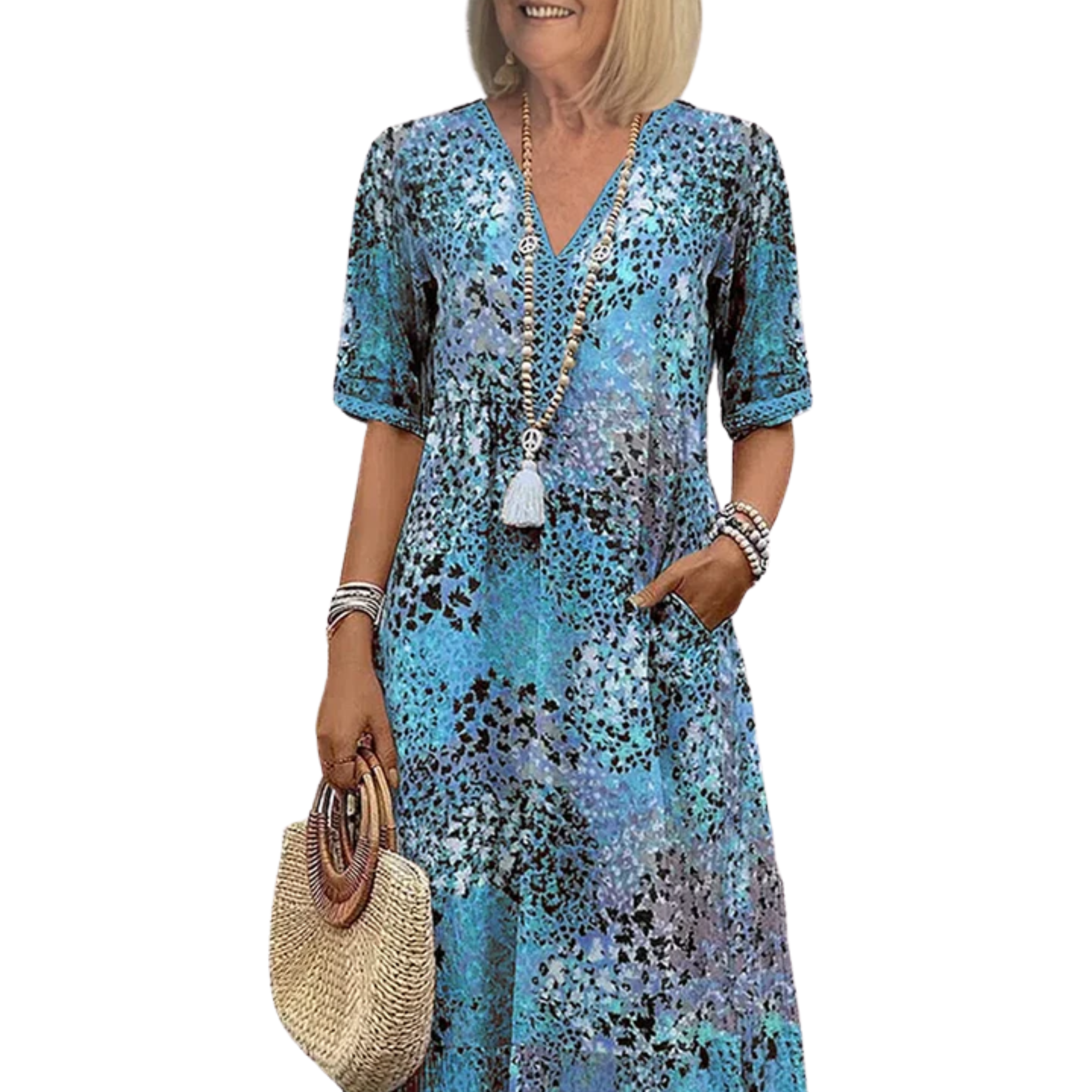 Women's Flared A-Line Midi Dress V-Neck Printed Pockets Casual