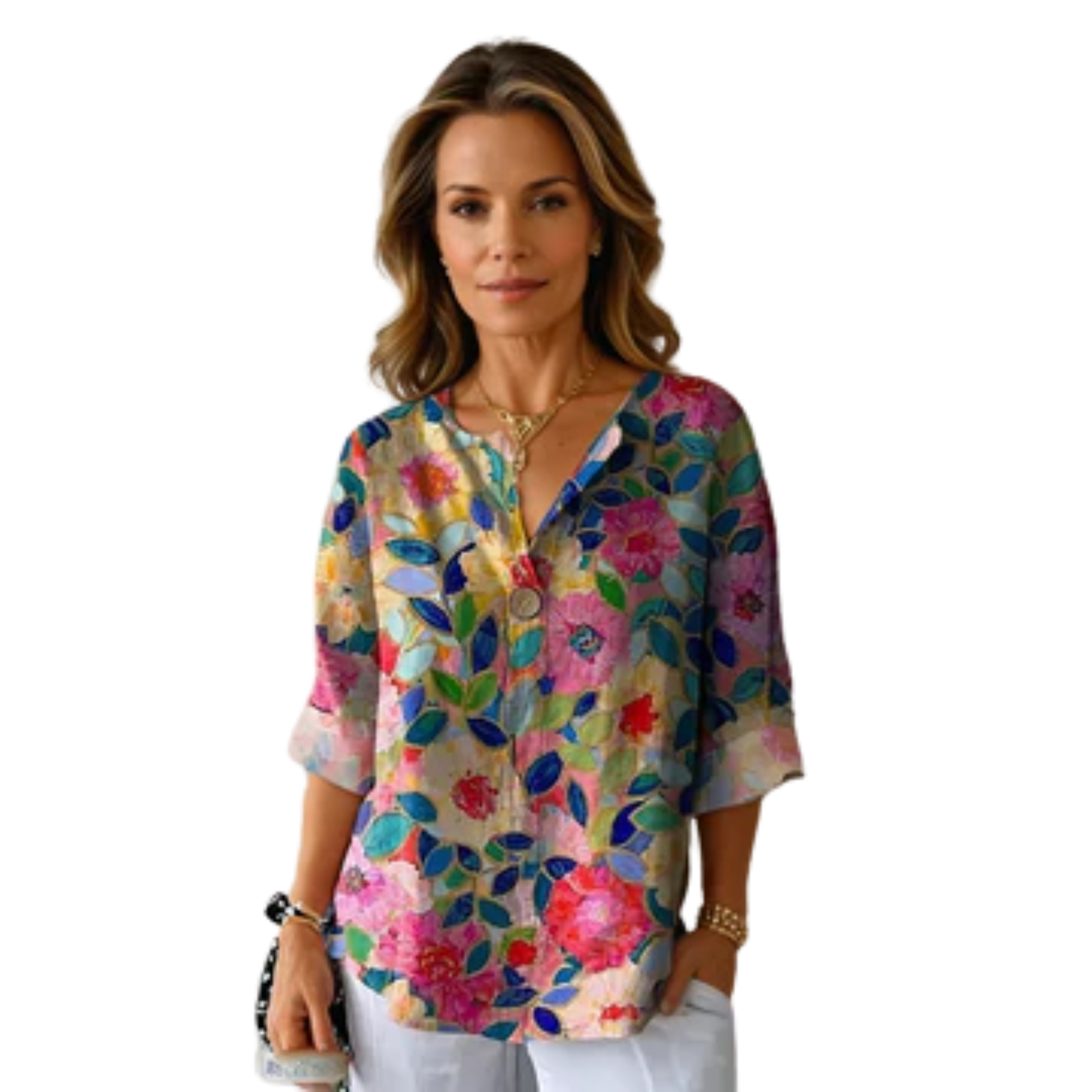 Women's Floral Print Blouse Three Quarter Sleeve Button Front Loose