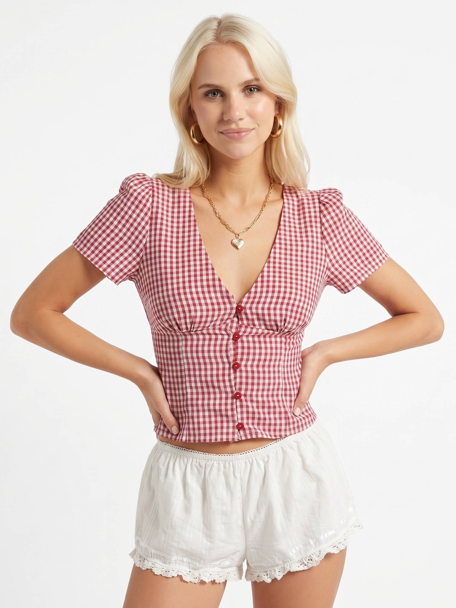 Women's Gingham Crop Summer Blouse V-Neck Puff Sleeve Ruched Button