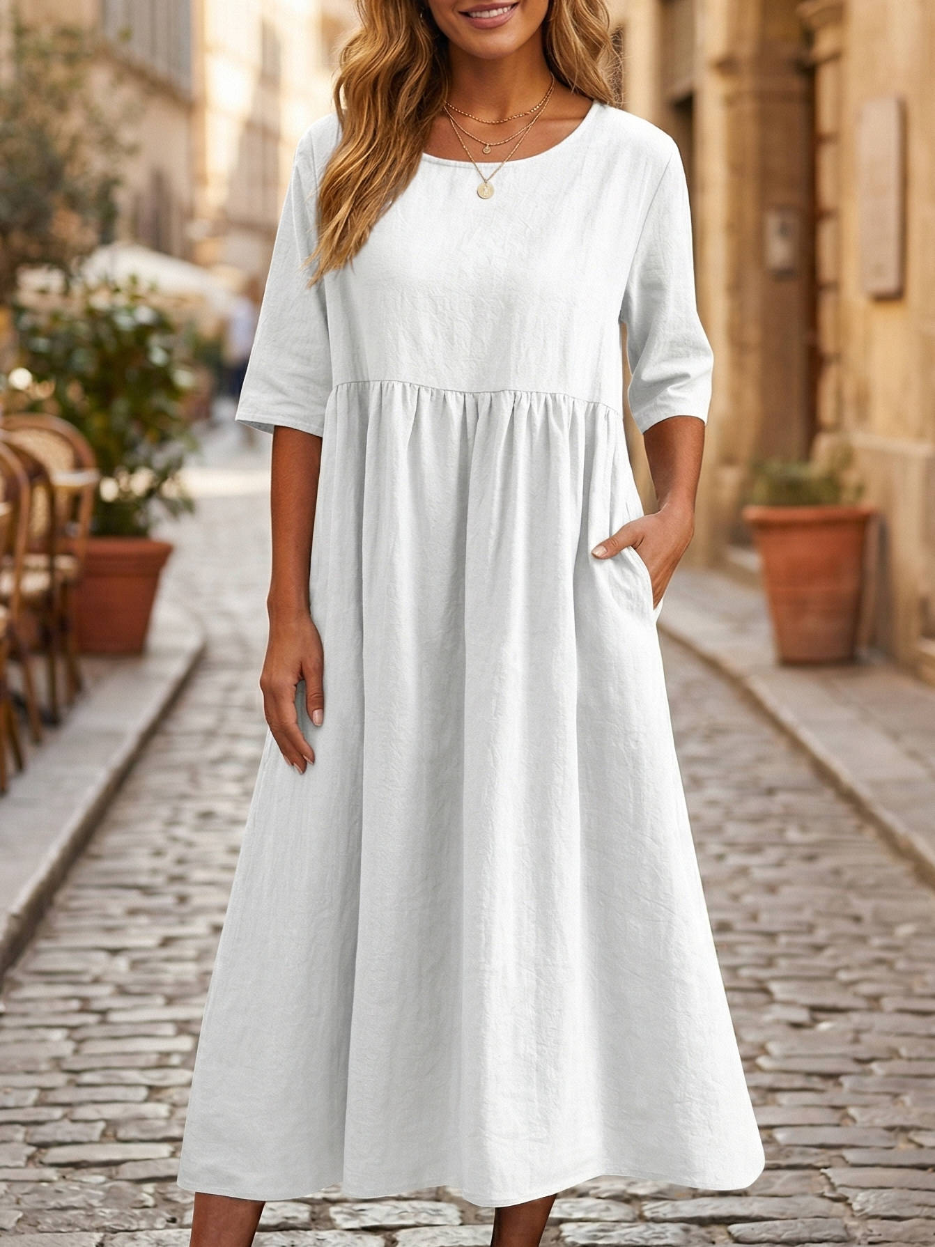 Women's 100% Linen A-Line Midi Dress Empire Waist Three Quarter Sleeve