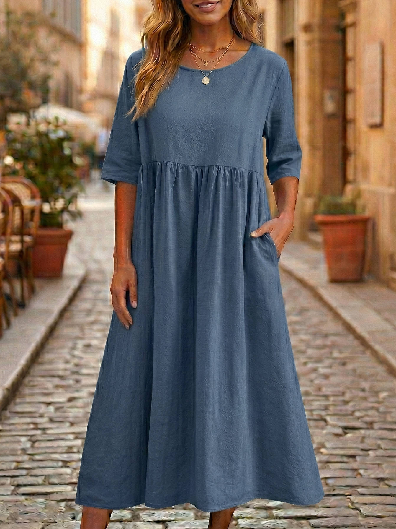 Women's 100% Linen A-Line Midi Dress Empire Waist Three Quarter Sleeve