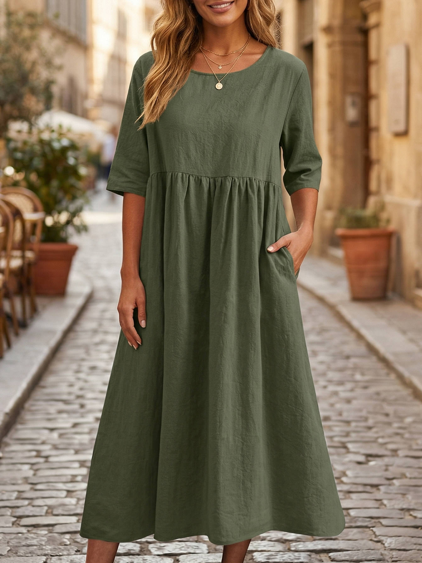 Women's 100% Linen A-Line Midi Dress Empire Waist Three Quarter Sleeve