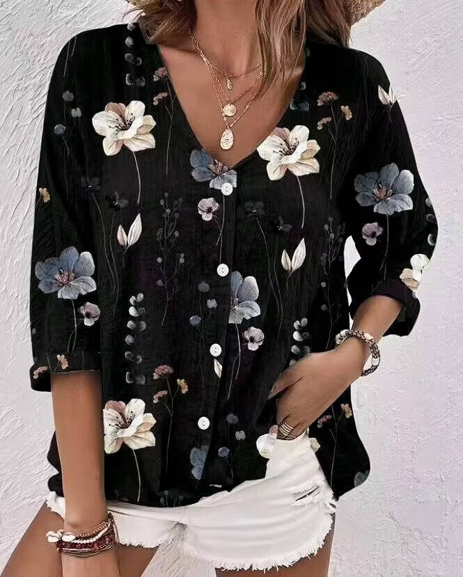 Women's Printed V-Neck Blouse Three Quarter Sleeve Button Front Relaxed