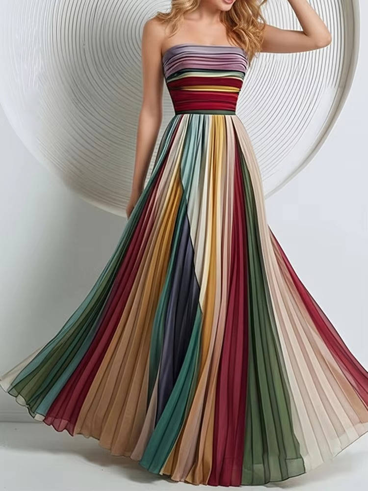 Women's Strapless Pleated Chiffon Maxi Holiday Dress