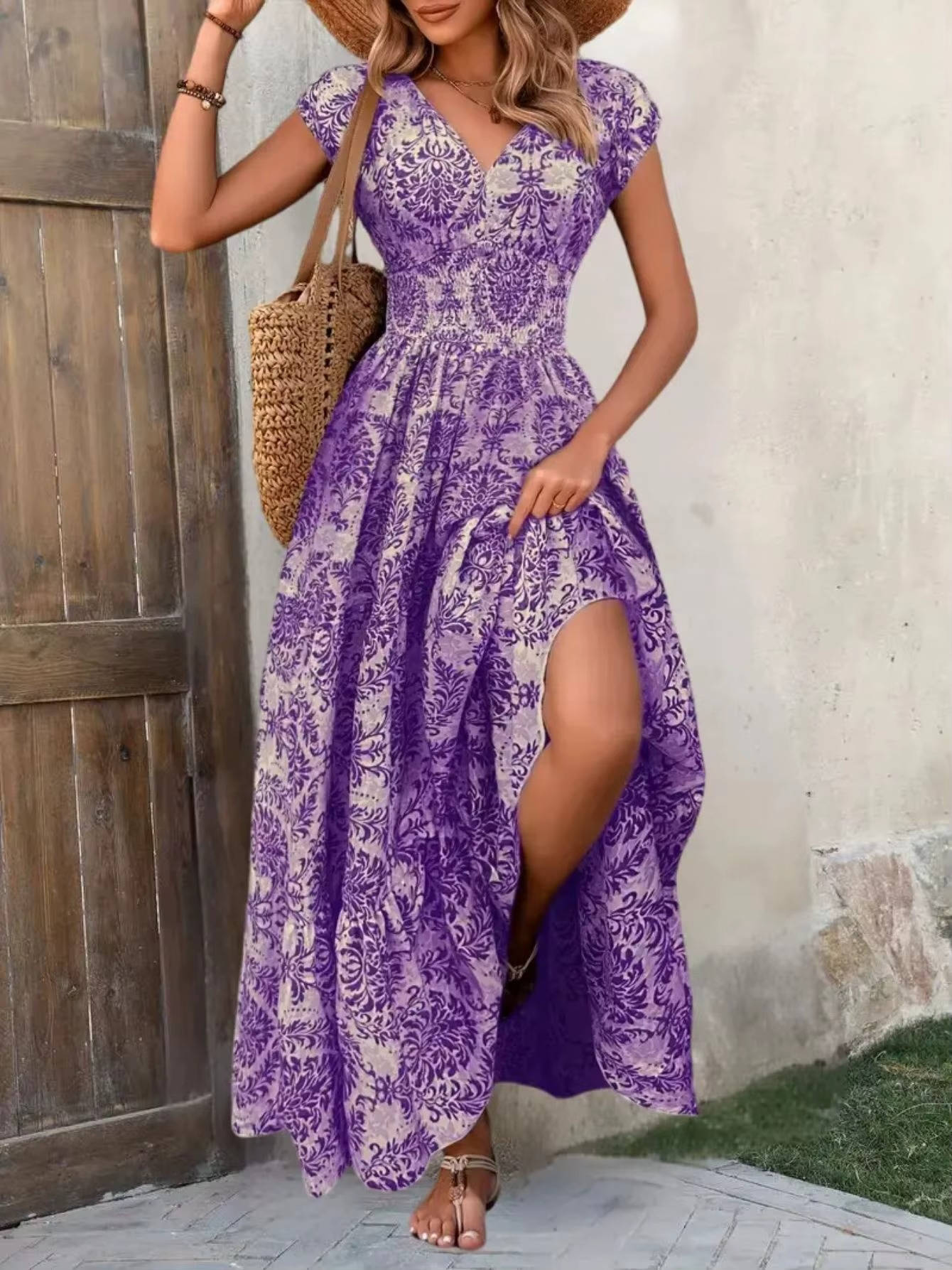 Women's Boho Smocked Maxi Summer Dress Short Sleeve Tiered Print Sundress