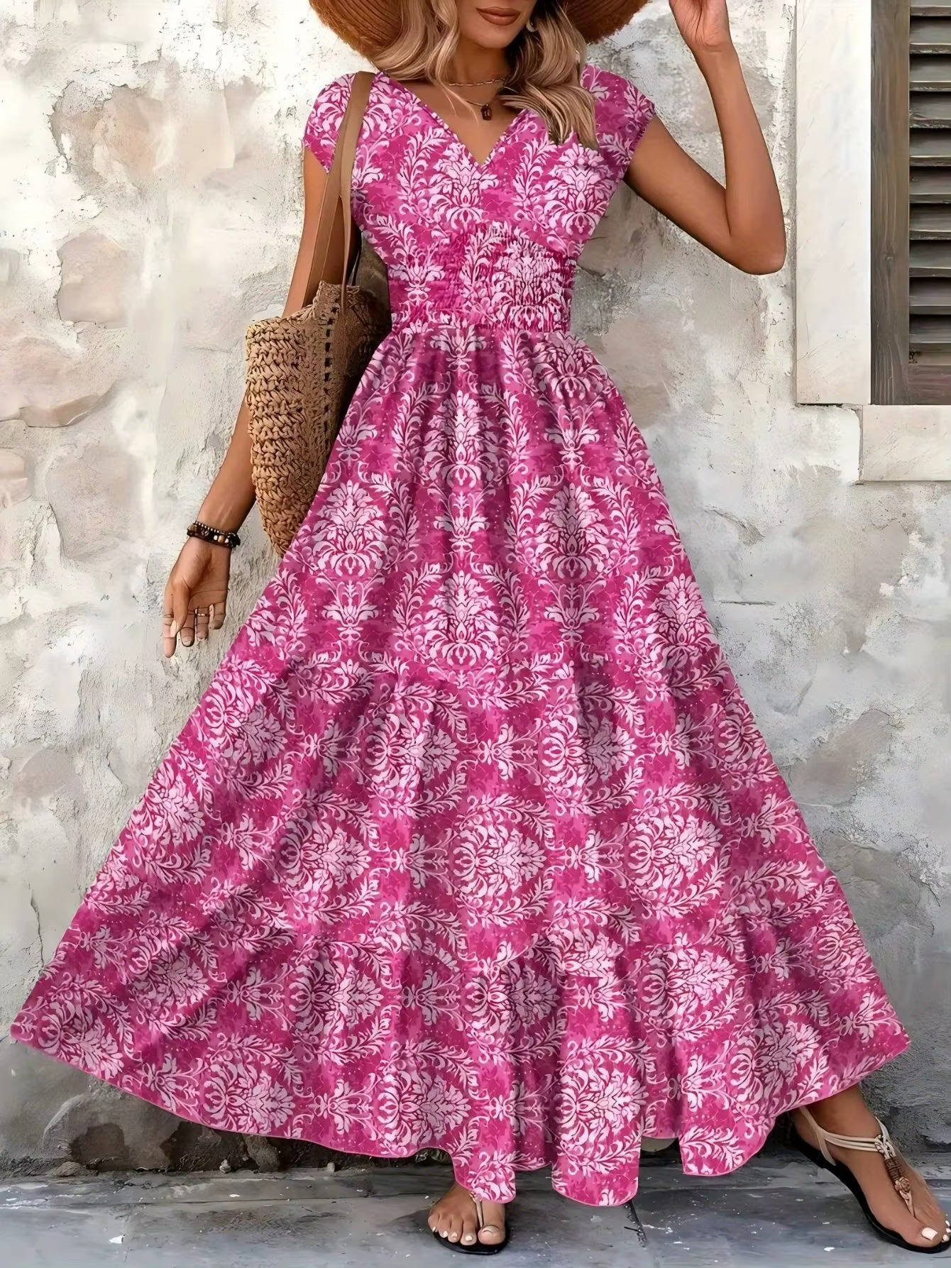 Women's Boho Smocked Maxi Summer Dress Short Sleeve Tiered Print Sundress