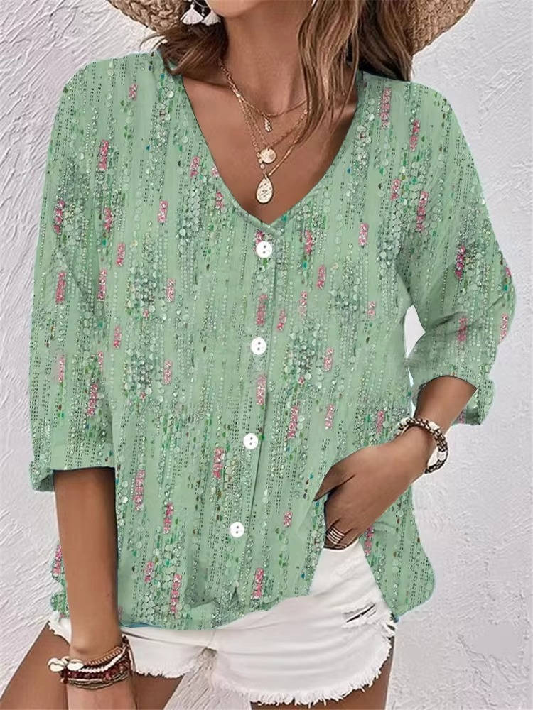Women's Printed V-Neck Blouse Three Quarter Sleeve Button Front Relaxed