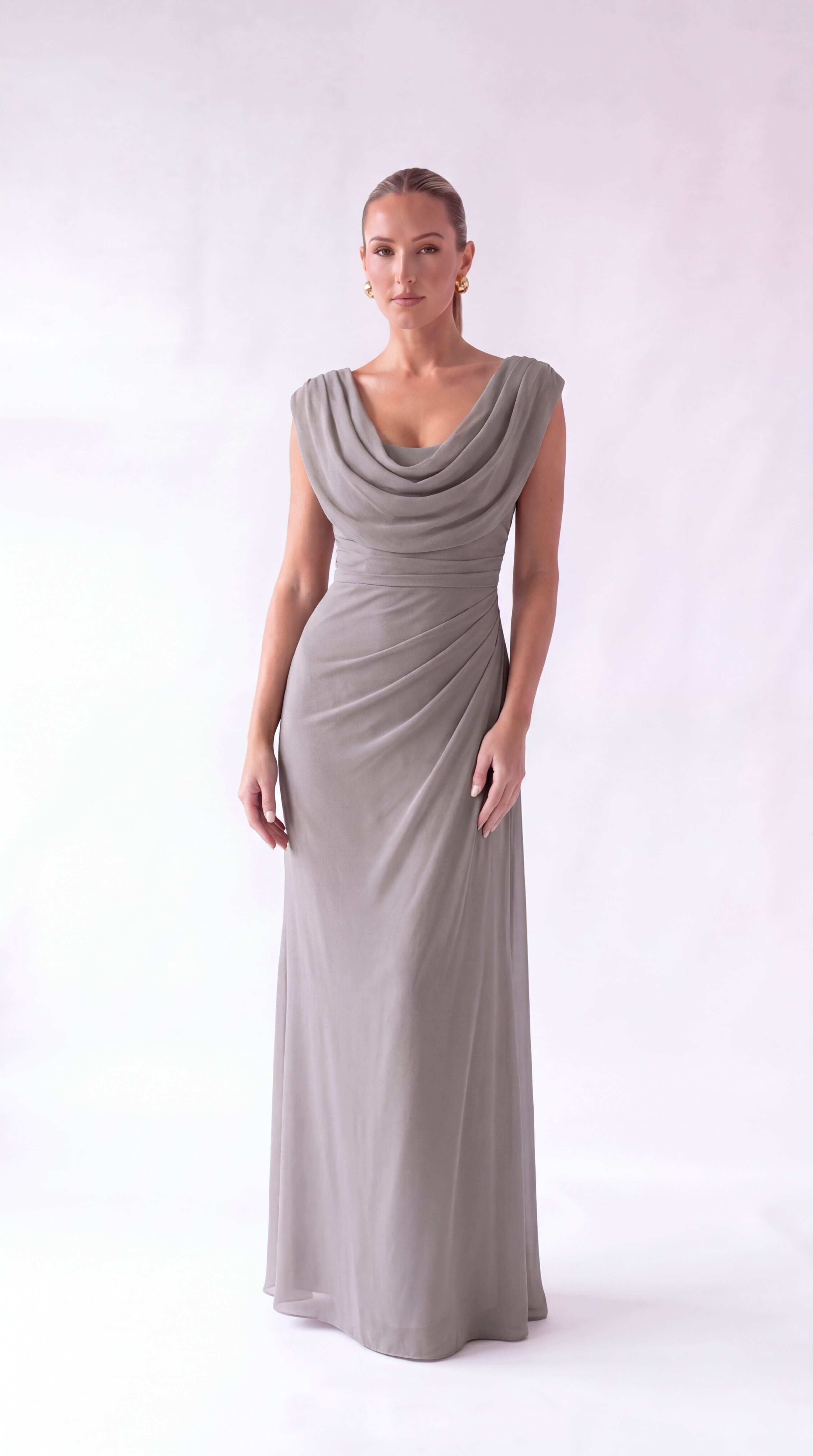 Women's Draped Cowl Neck Ruched Maxi Dress Wedding Guest Prom