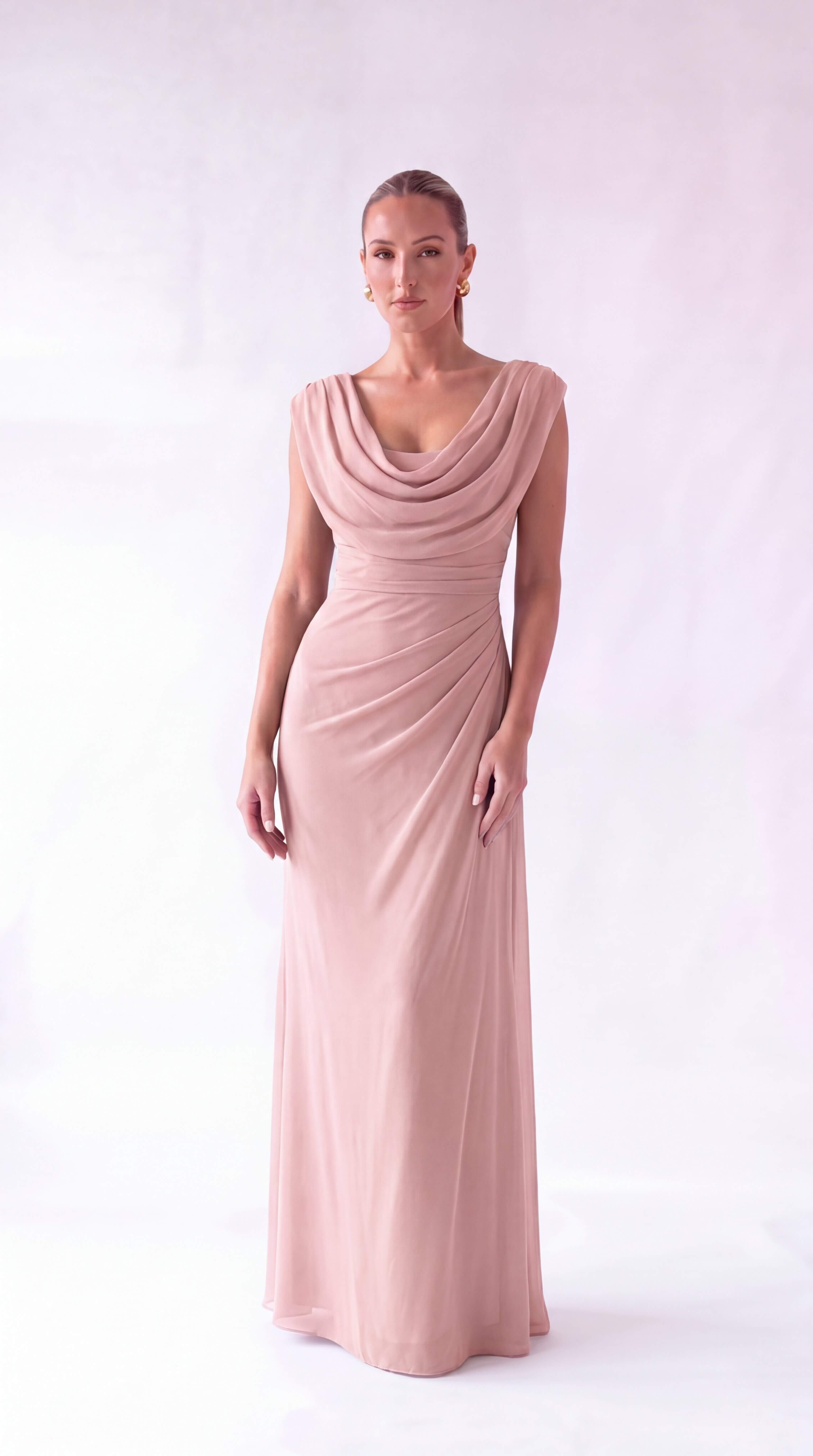 Women's Draped Cowl Neck Ruched Maxi Dress Wedding Guest Prom