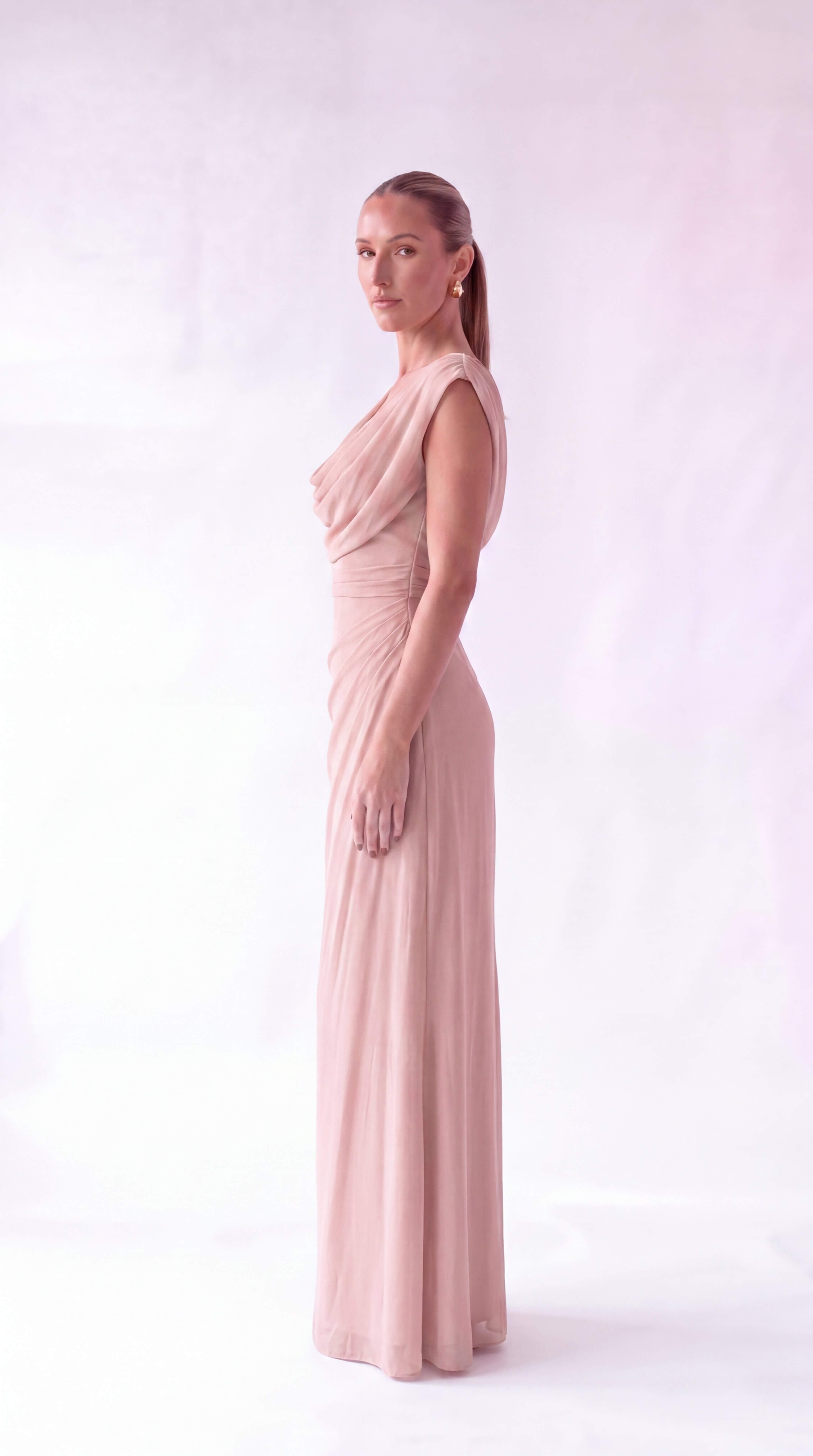 Women's Draped Cowl Neck Ruched Maxi Dress Wedding Guest Prom