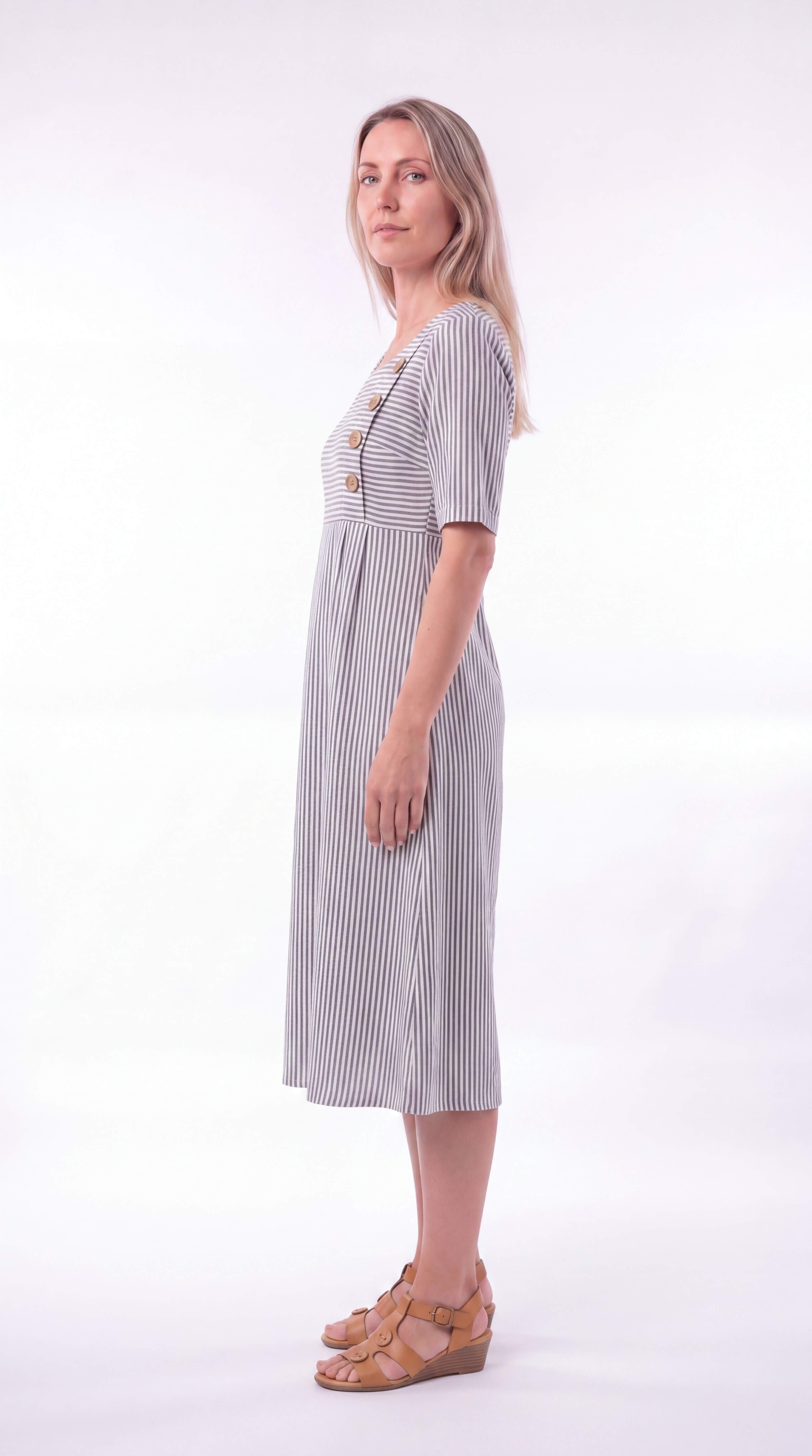 Women's Striped Midi Dress Button Front 3/4 Sleeve Loose Fit