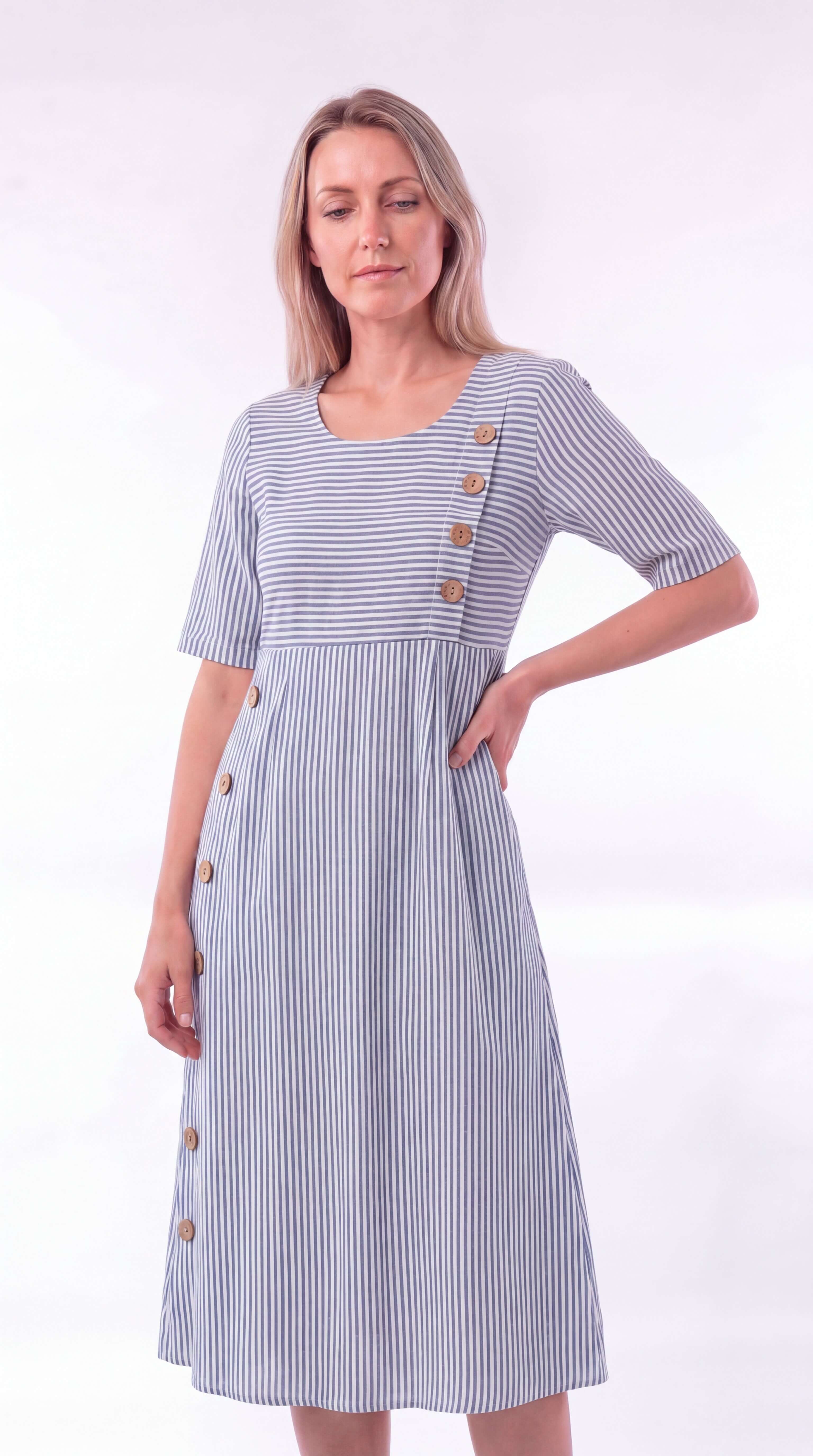 Women's Striped Midi Dress Button Front 3/4 Sleeve Loose Fit