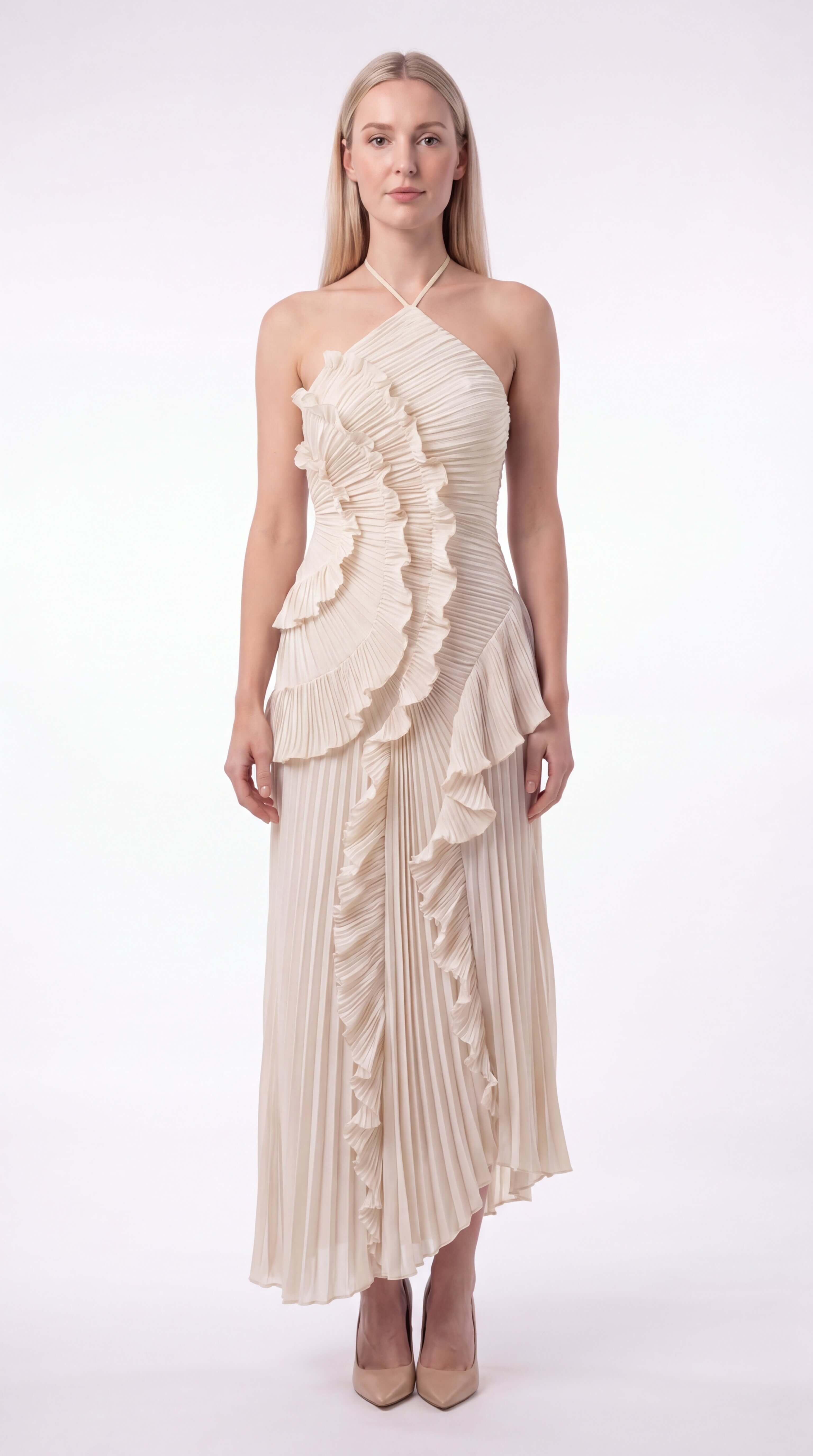 Women's Ruffle Halter Maxi Dress Wedding Guest Formal Gown