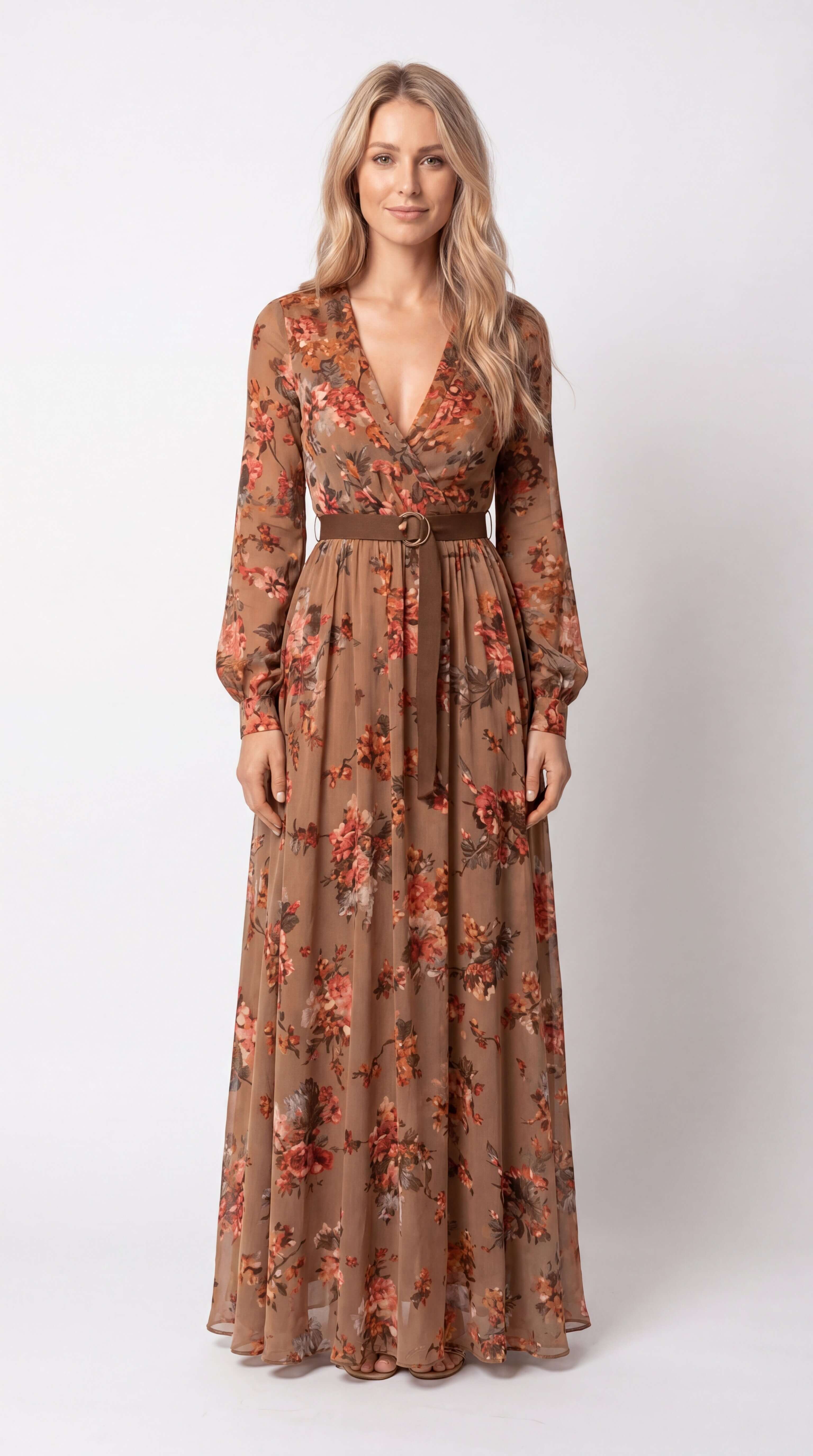 Women's Boho Tiered Maxi Dress Long Sleeve Belt