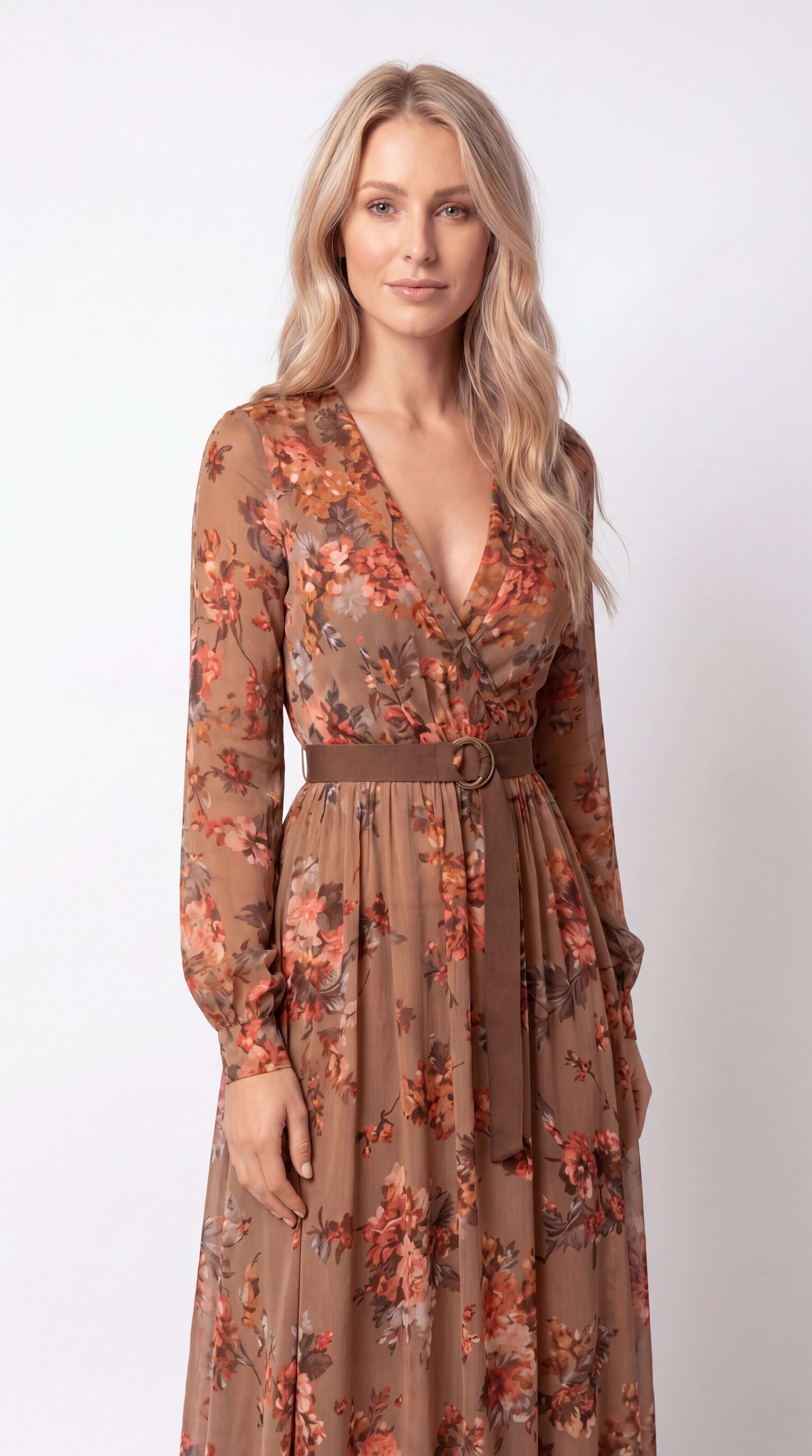 Women's Boho Tiered Maxi Dress Long Sleeve Belt