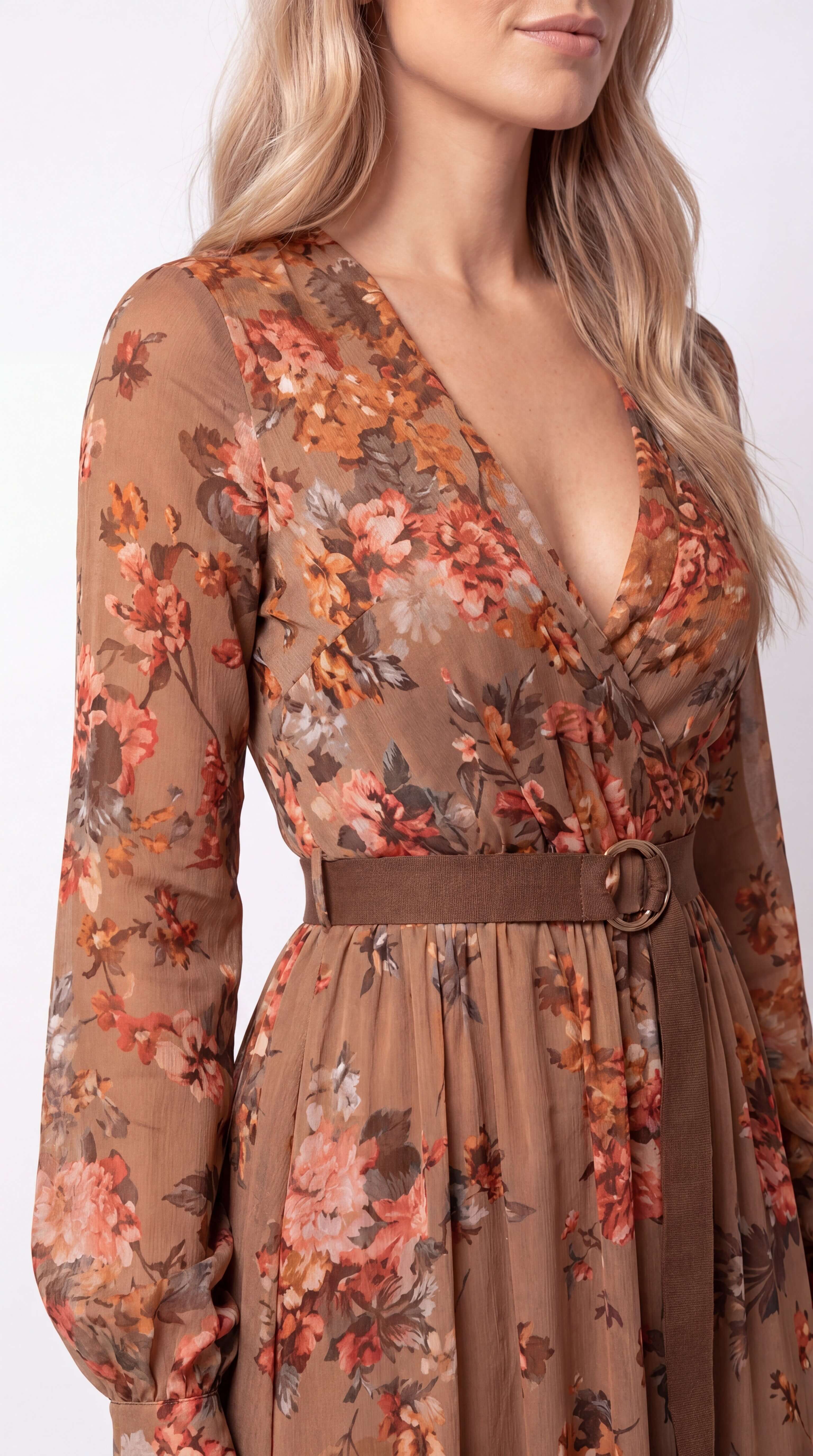 Women's Boho Tiered Maxi Dress Long Sleeve Belt