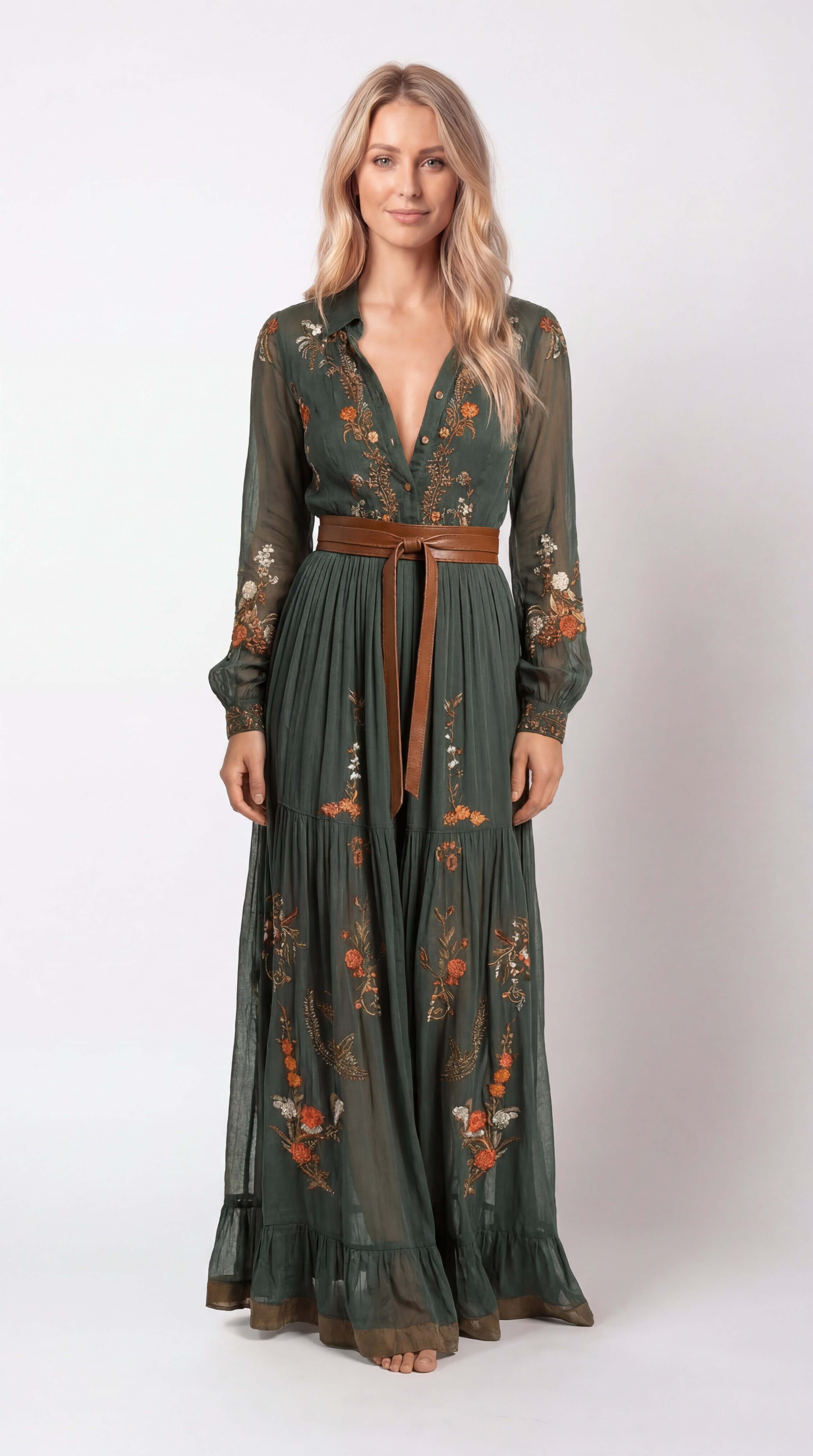 Women's Boho Tiered Maxi Dress Long Sleeve Belt