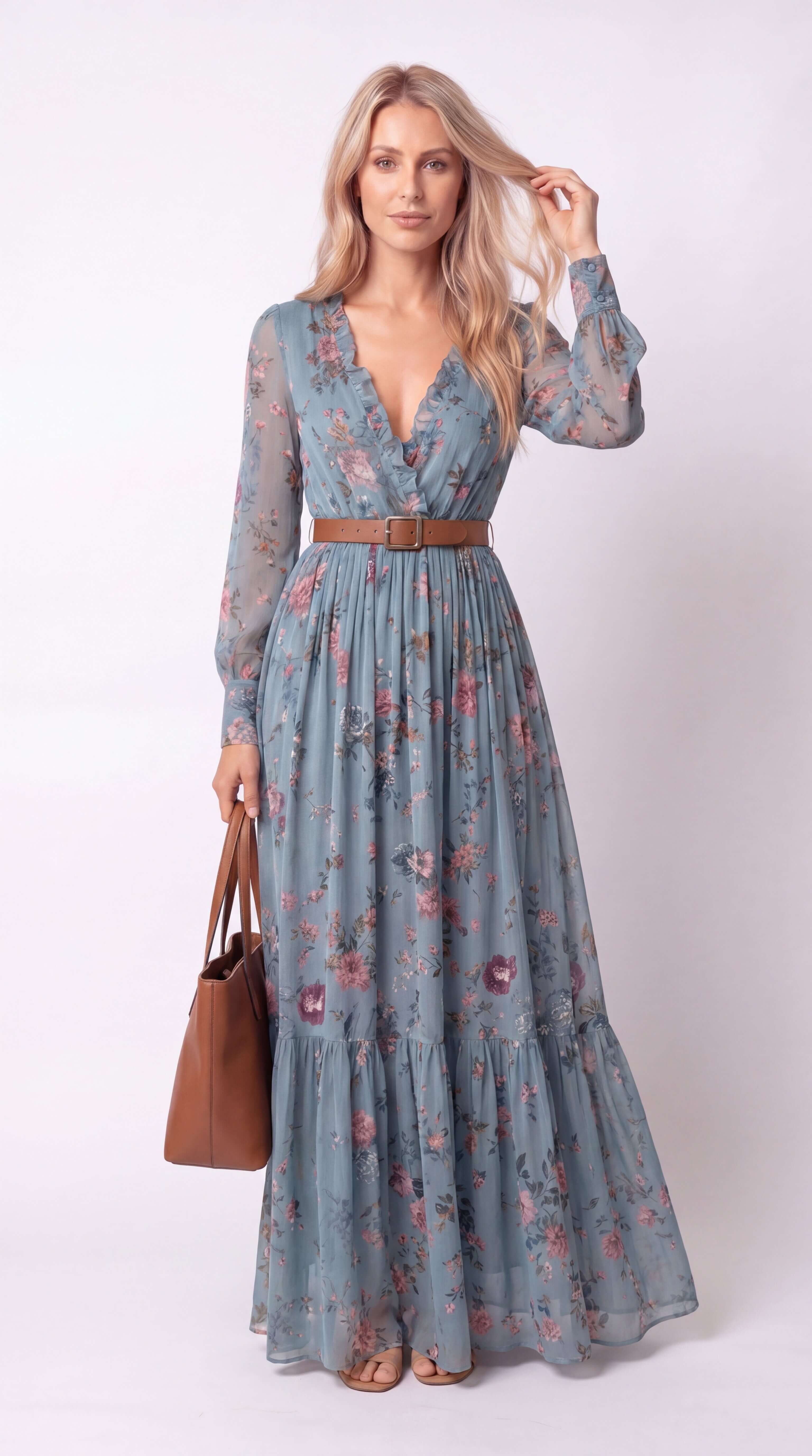 Women's Boho Tiered Maxi Dress Long Sleeve Belt