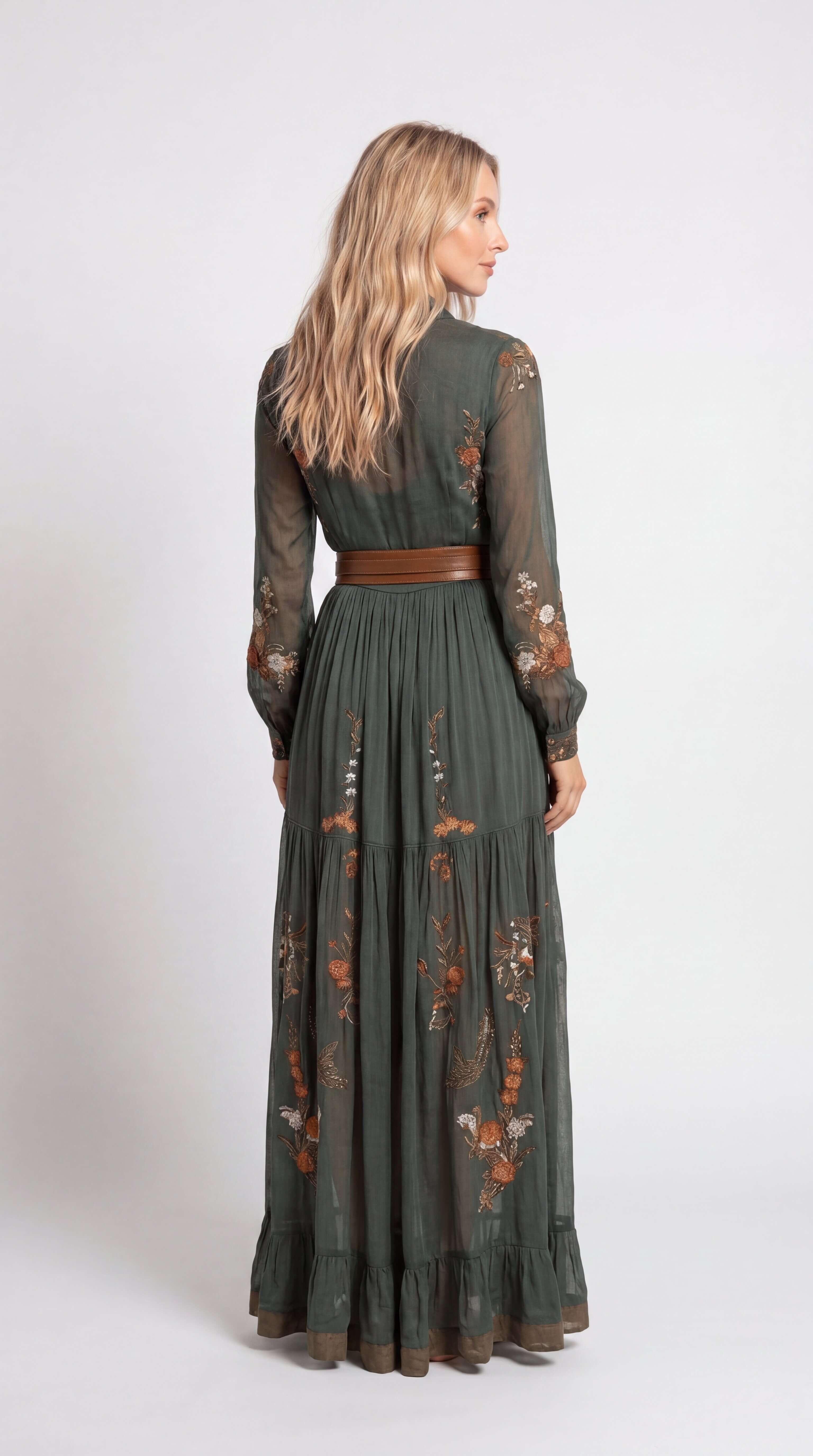 Women's Boho Tiered Maxi Dress Long Sleeve Belt