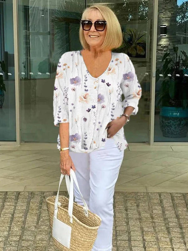 Women's Printed V-Neck Blouse Three Quarter Sleeve Button Front Relaxed