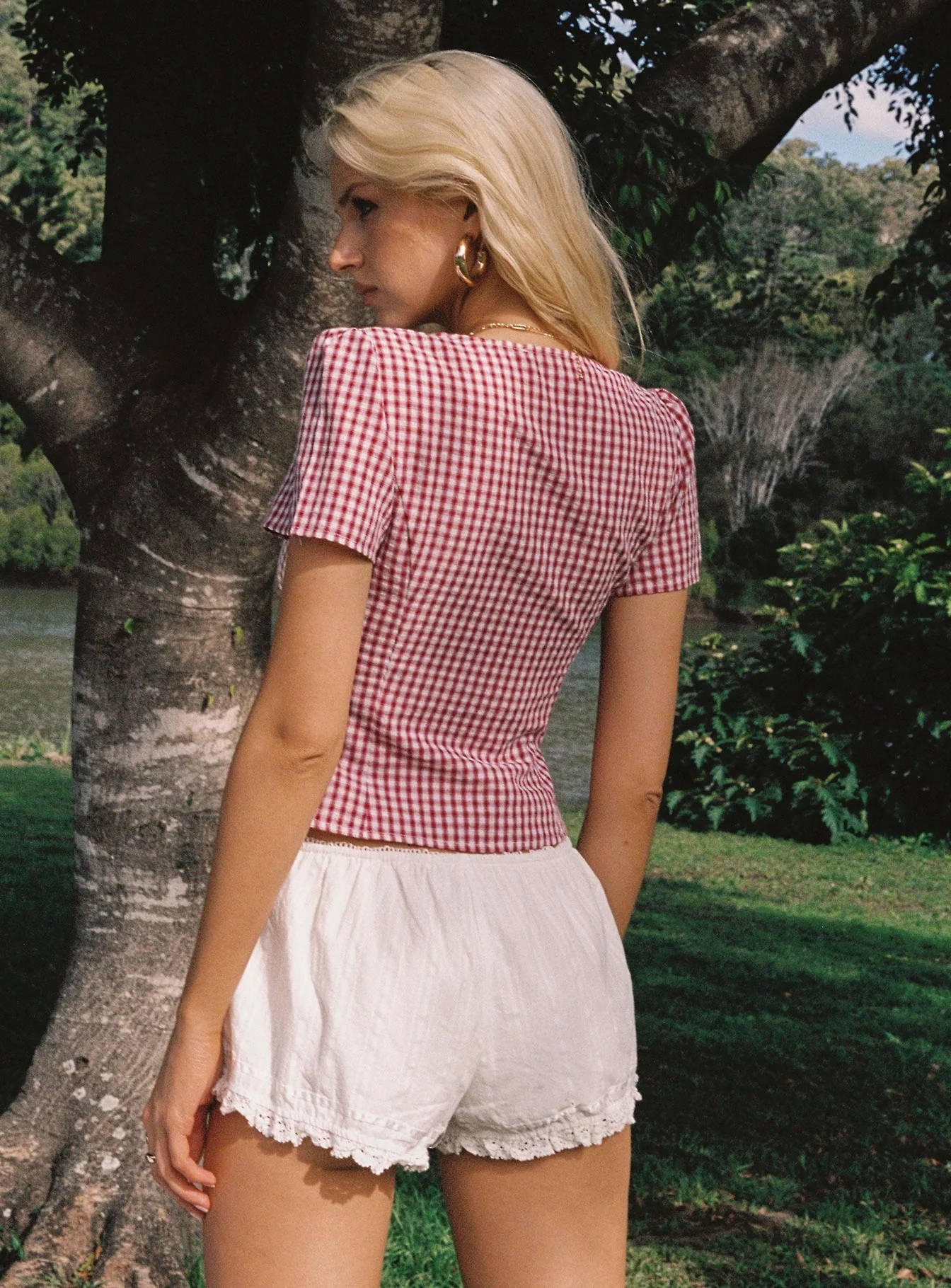 Women's Gingham Crop Summer Blouse V-Neck Puff Sleeve Ruched Button