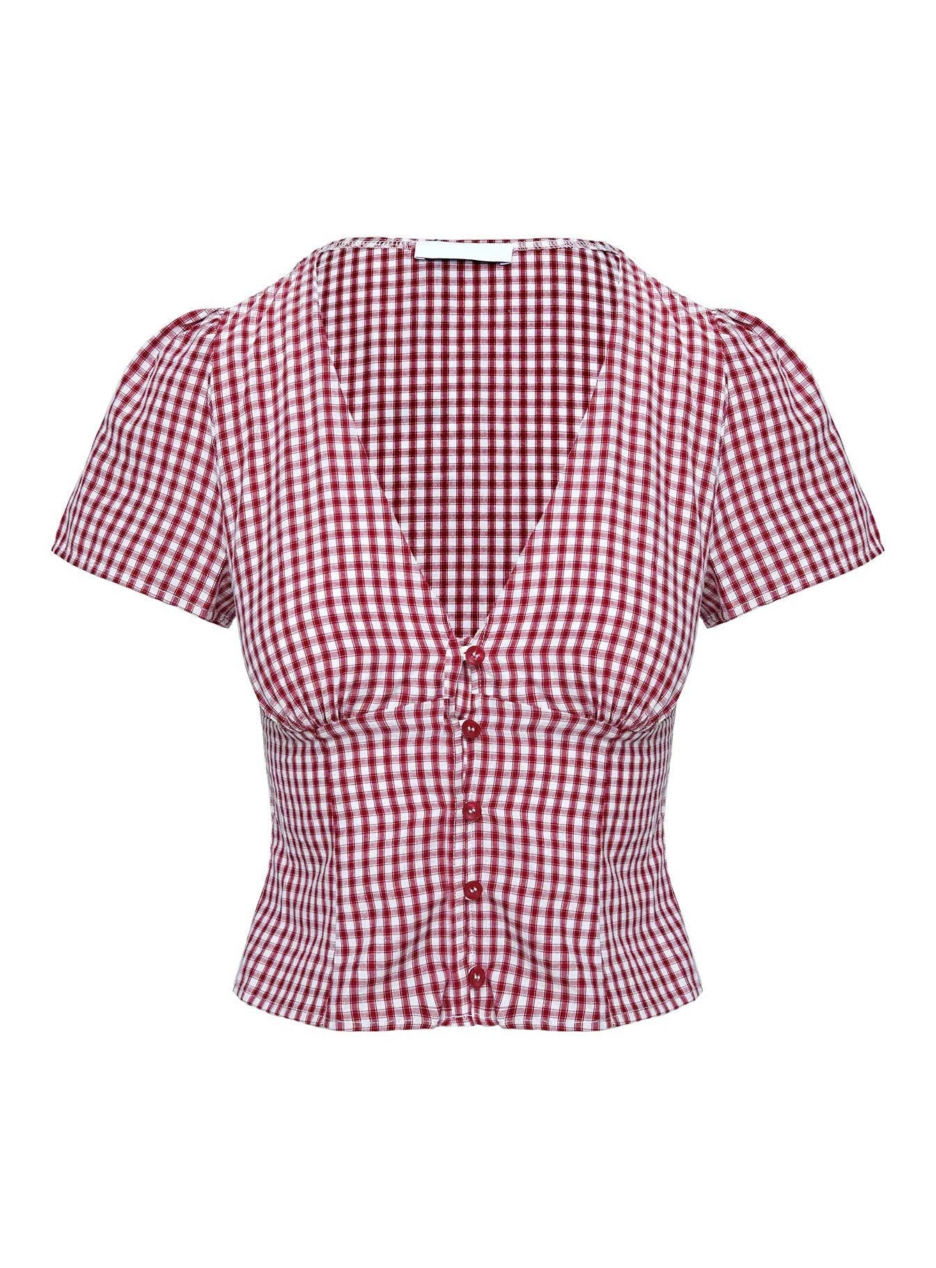 Women's Gingham Crop Summer Blouse V-Neck Puff Sleeve Ruched Button