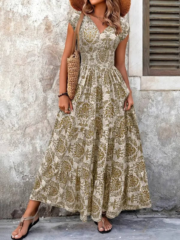 Women's Boho Smocked Maxi Summer Dress Short Sleeve Tiered Print Sundress