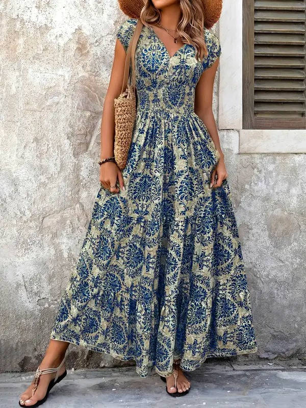 Women's Boho Smocked Maxi Summer Dress Short Sleeve Tiered Print Sundress